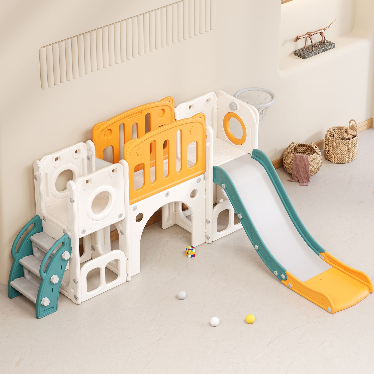 6-i-1 børnerutsjebane - Inkluderer rutsjebane, basketballkurv, stige, tunnel og to legeområder - Grøn