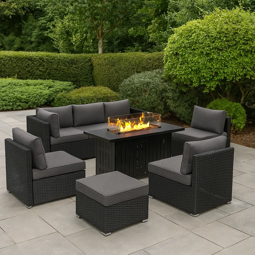 Ensemble de patio avec foyer, ensemble 6 pièces avec coussins, gris, acier et polyester, extérieur