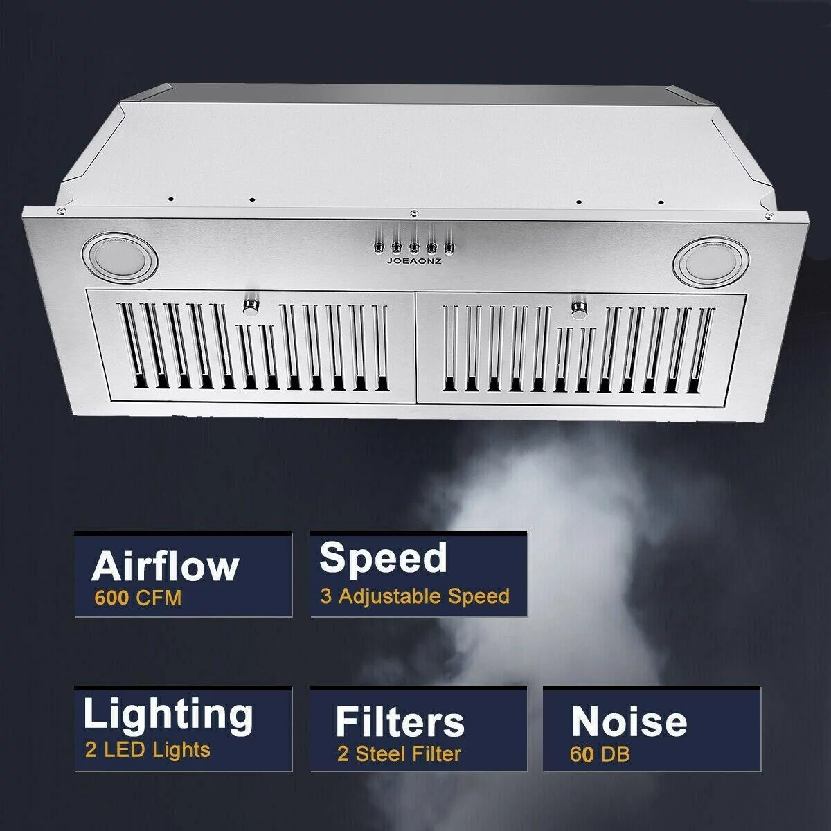 76 cm indbygget emhætte med kraftig udsugningsventil. 600 CFM