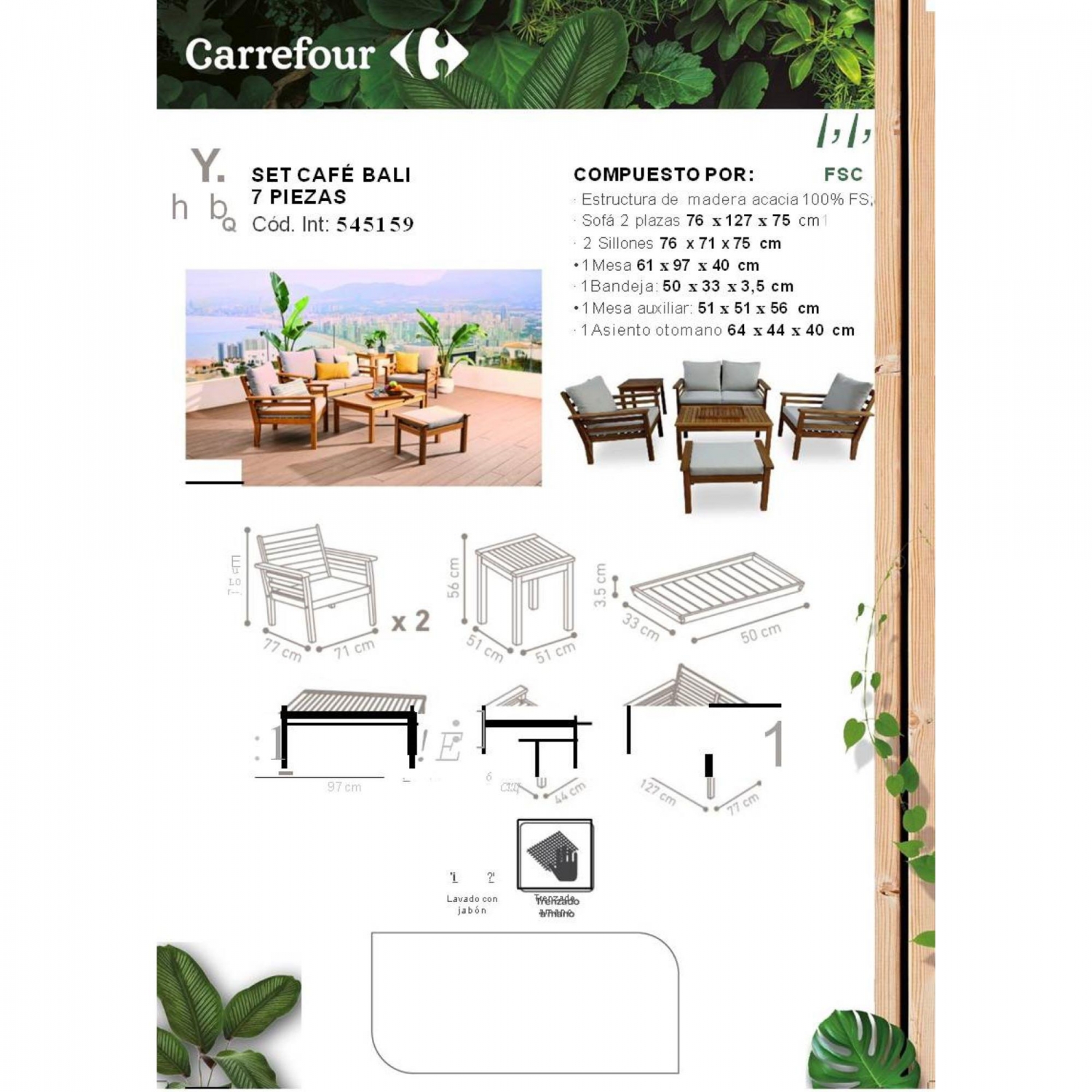 Bali Garten-Set: Tisch + Sofa + 2 Sessel + Beistelltisch + Hocker + Holztablett