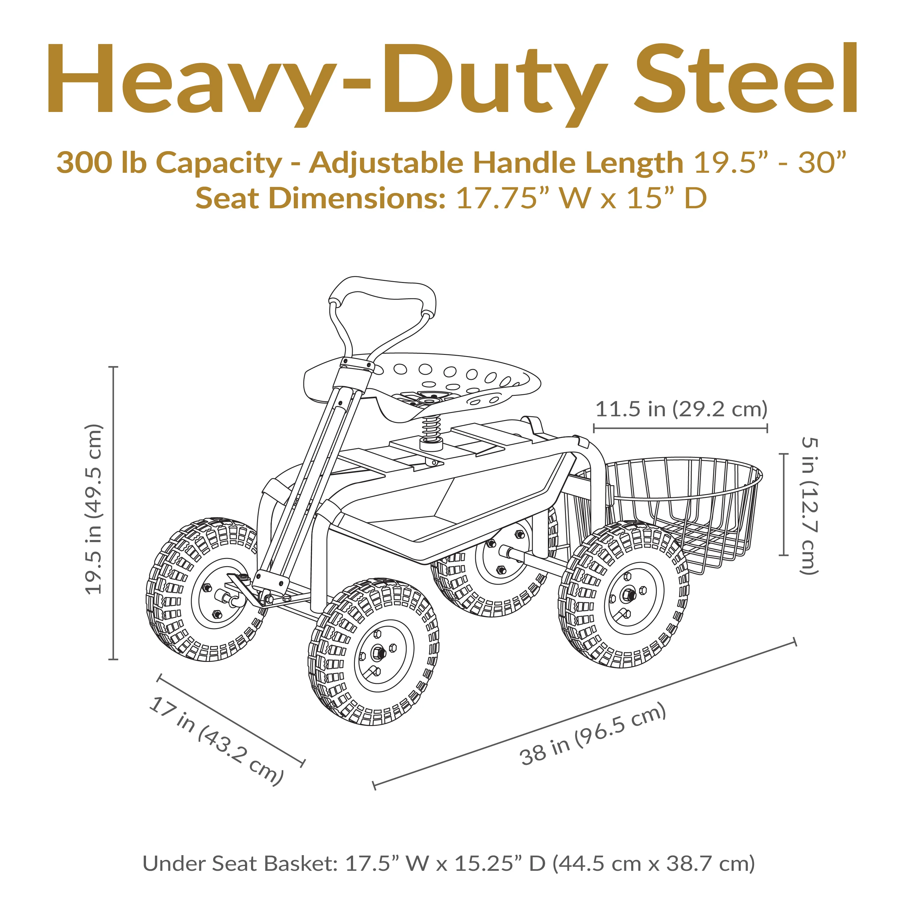 Chariot de jardin roulant Sunnydaze 2025 avec siège pivotant, guidon et panier