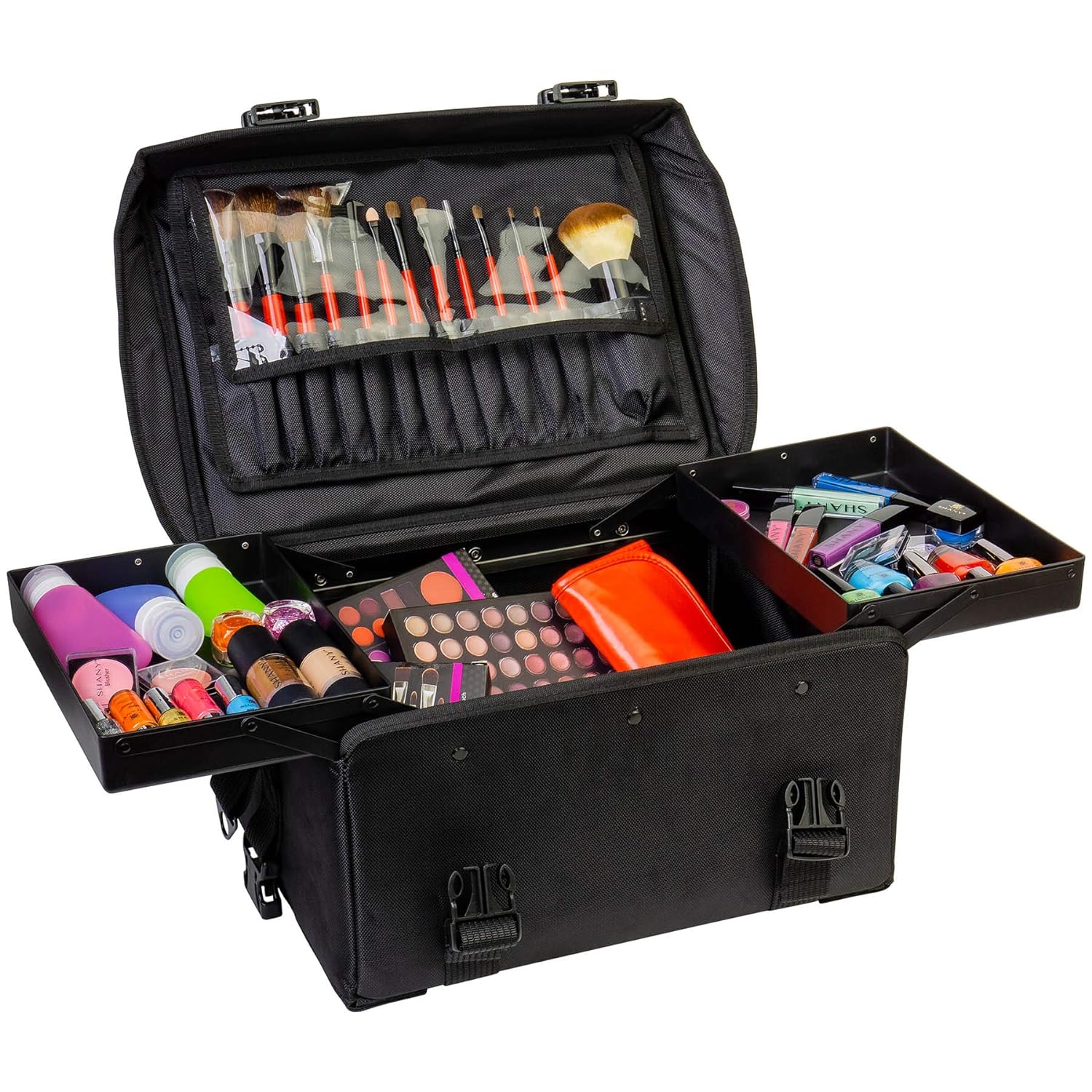 Kosmetikkoffer aus tiefschwarzem Vinyl mit Rollen – Reise-Make-up-Tasche