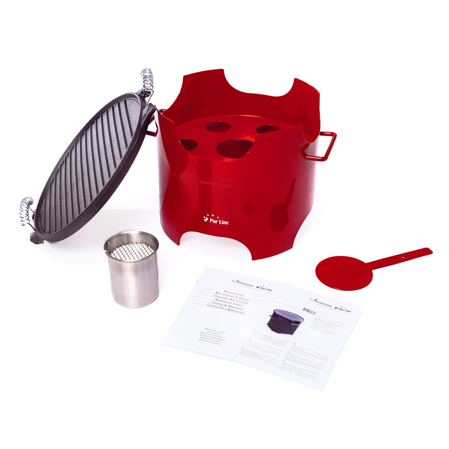 0,5-Liter-Ethanol-Grill in rotem Stahl und runder Eisengrillplatte