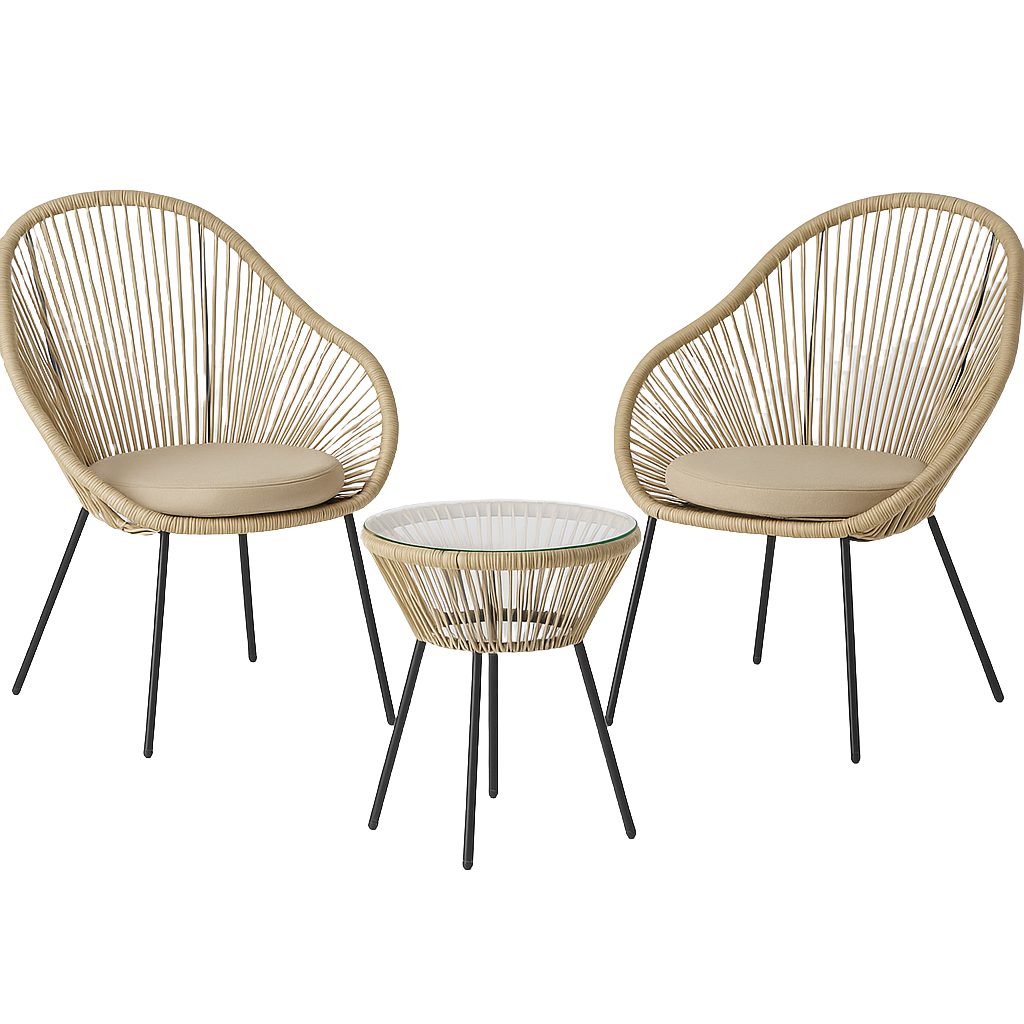 Ensemble de jardin + Table et 2 chaises + Beige/Noir + Plastique et acier + Extérieur/Terrasse