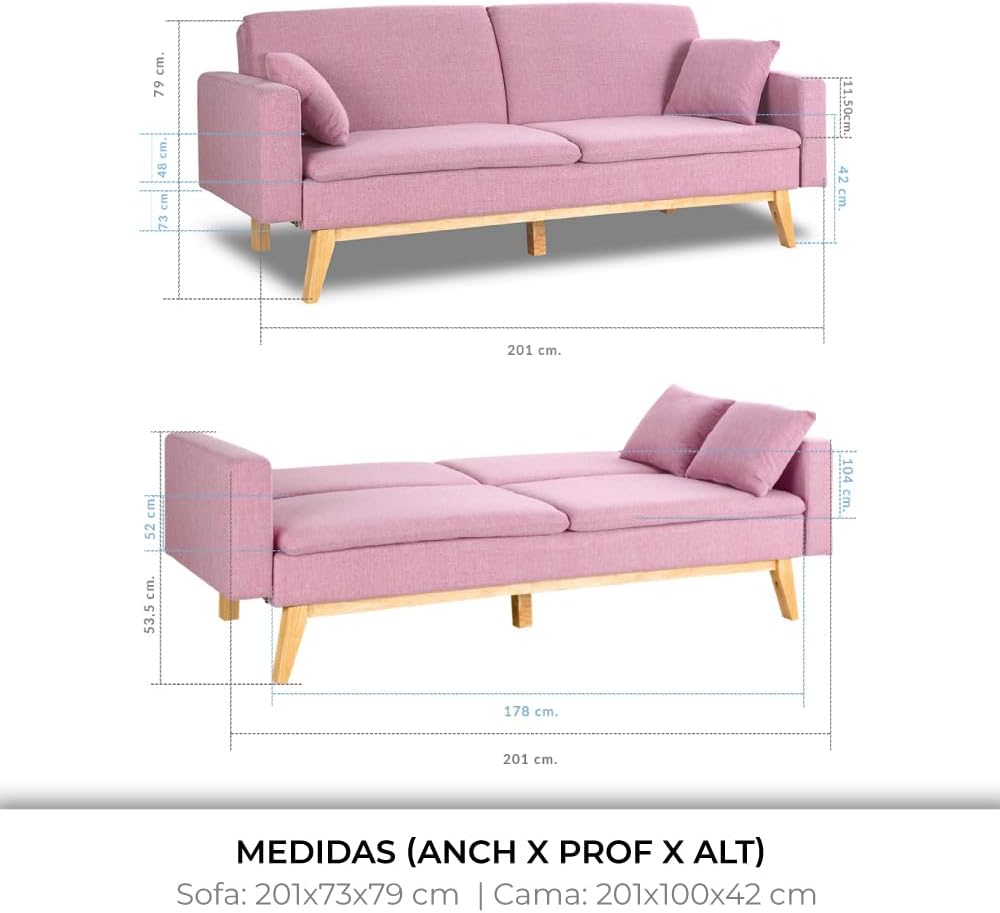 Don Descanso Reine 3-Sitzer-Schlafsofa, Stoffbezug, Click-Clack-Öffnungssystem, Sofa-Maße: 201 x 73 x 79 cm, Bett-Maße: 201 x 99 x 42 cm, inklusive 2 Kissen, Hellgrau
