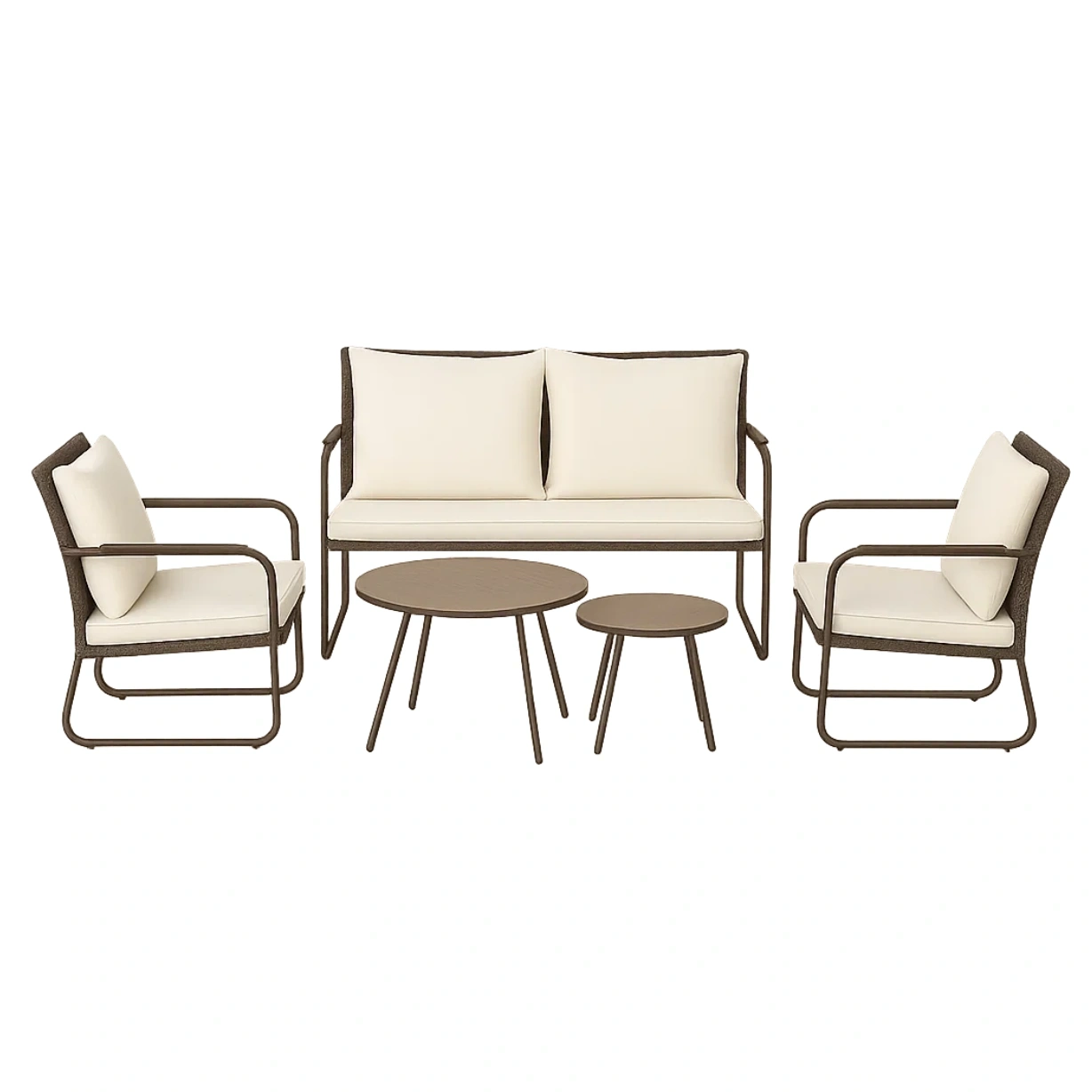 Ensemble de salon de jardin 5 pièces avec structure en métal et assises en rotin, coloris marron, coussins couleur crème ; comprend une table ronde (60 x 45 cm de diamètre), deux chaises (60 x 60 x 80 cm), un canapé (120 x 60 x 80 cm) et une table d