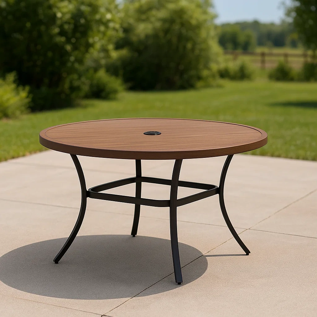 Table de jardin avec chaises de terrasse, marron, bois et métal, diamètre 135 cm x hauteur 71 cm