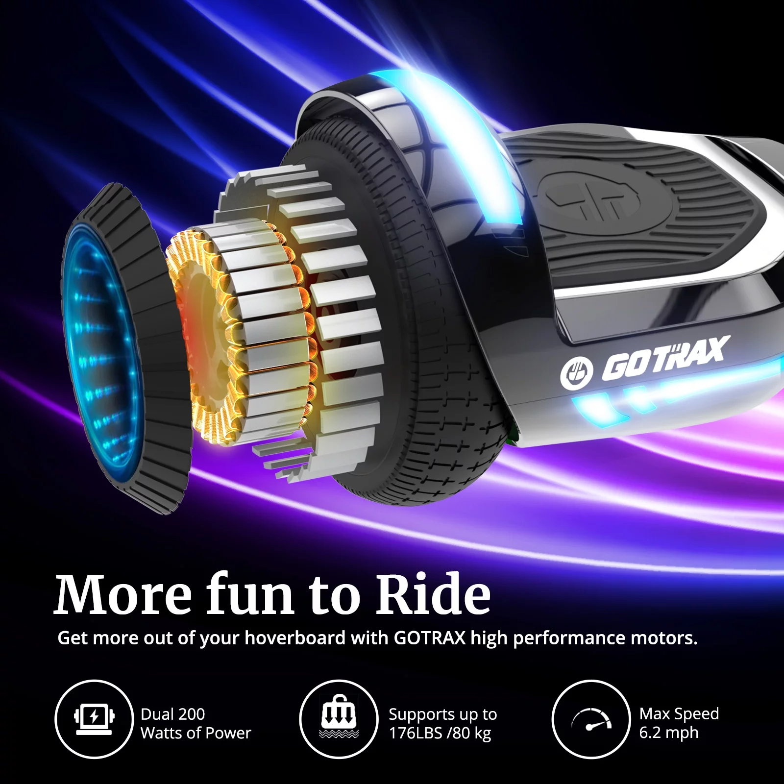 2025 GOTRAX GLIDE PRO Hoverboard med Bluetooth. 6,5-tommer hjul og 7-farvede flerfarvede LED-lys. Selvbalancerende løbehjul til børn og voksne (20-80 kg). Sølvfarvet.