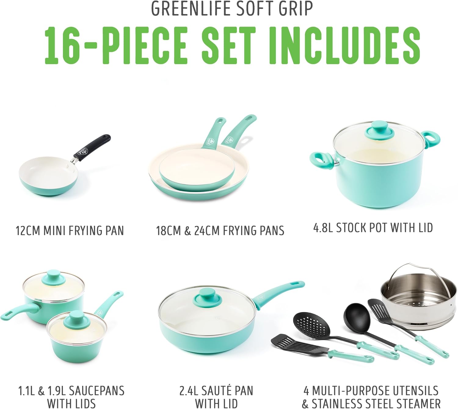 GreenLife Soft Grip 16-teiliges Antihaft-Keramik-Kochgeschirr-Set, bestehend aus Bratpfanne, Stielkasserolle und Topf, PFAS-frei, spülmaschinenfest, ofenfest, türkis
