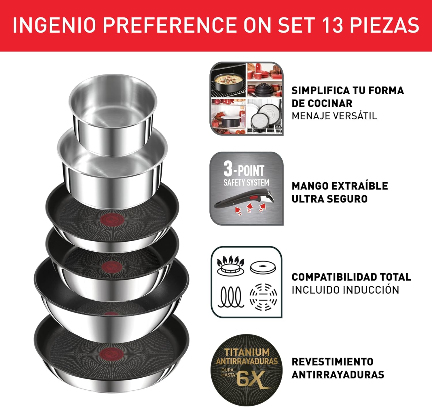 Tefal Ingenio Preference On Set: 2 Bratpfannen (24/28 cm) + 2 Stielkasserollen (16/20 cm) + 24 cm Topf + 26 cm Wok + 2 abnehmbare Griffe + 5 Zubehörteile | Induktionsgeeignet, antihaftbeschichtet, PFOA-frei