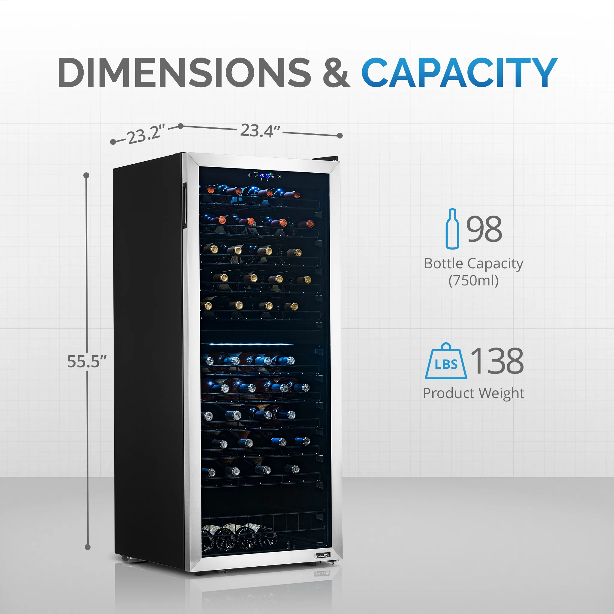 2025 Newair® Fritstående vinkøleskab i rustfrit stål – 98 flasker – 23 med dobbelt zone