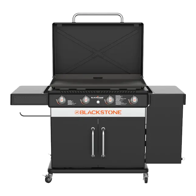 Blackstone 36" køkkenbordplade med flad grill. Propangasgrill med 4 brændere og sidebord.