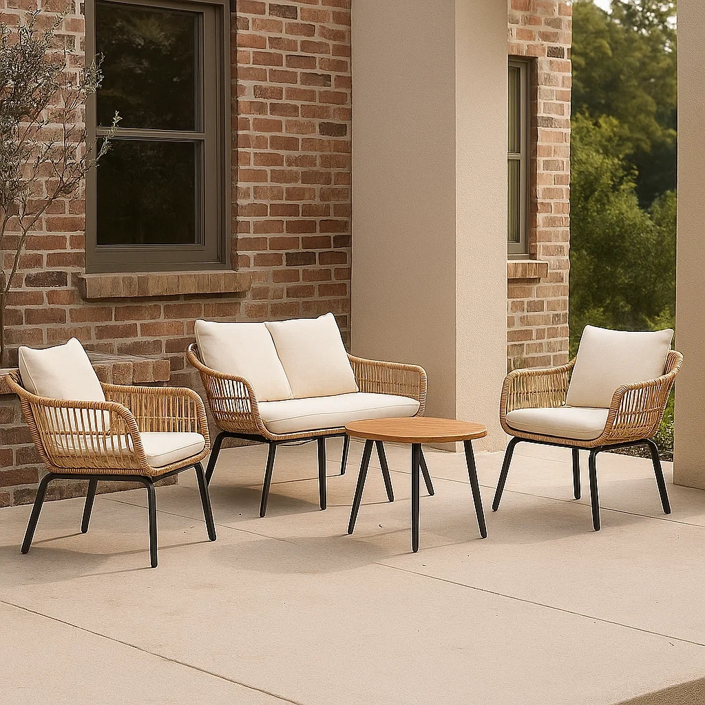 Salon de jardin 4 places en rotin synthétique beige, structure ronde, coussins inclus : fauteuil 70 x 72 x 78 cm, canapé 125 x 72 x 78 cm, table basse 60 x 40 cm de diamètre. Idéal pour balcon ou terrasse. - S8p23HmpTNFK