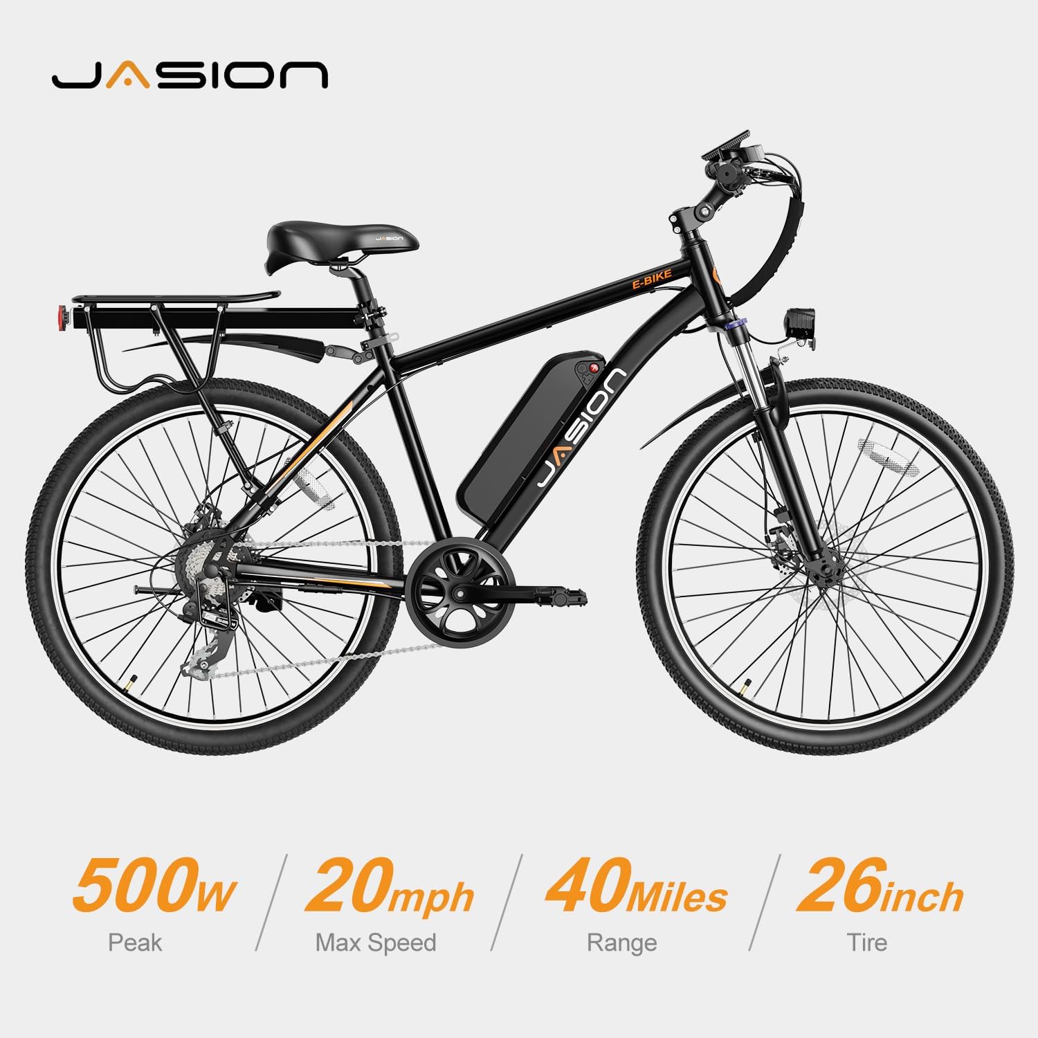 Vélo électrique Jasion EB5 pour adultes avec batterie amovible de 360 ​​Wh, 64 km, 32 km/h, VTT électrique de ville avec moteur de 350 W, 7 vitesses, pneus de 26 pouces et suspension avant.