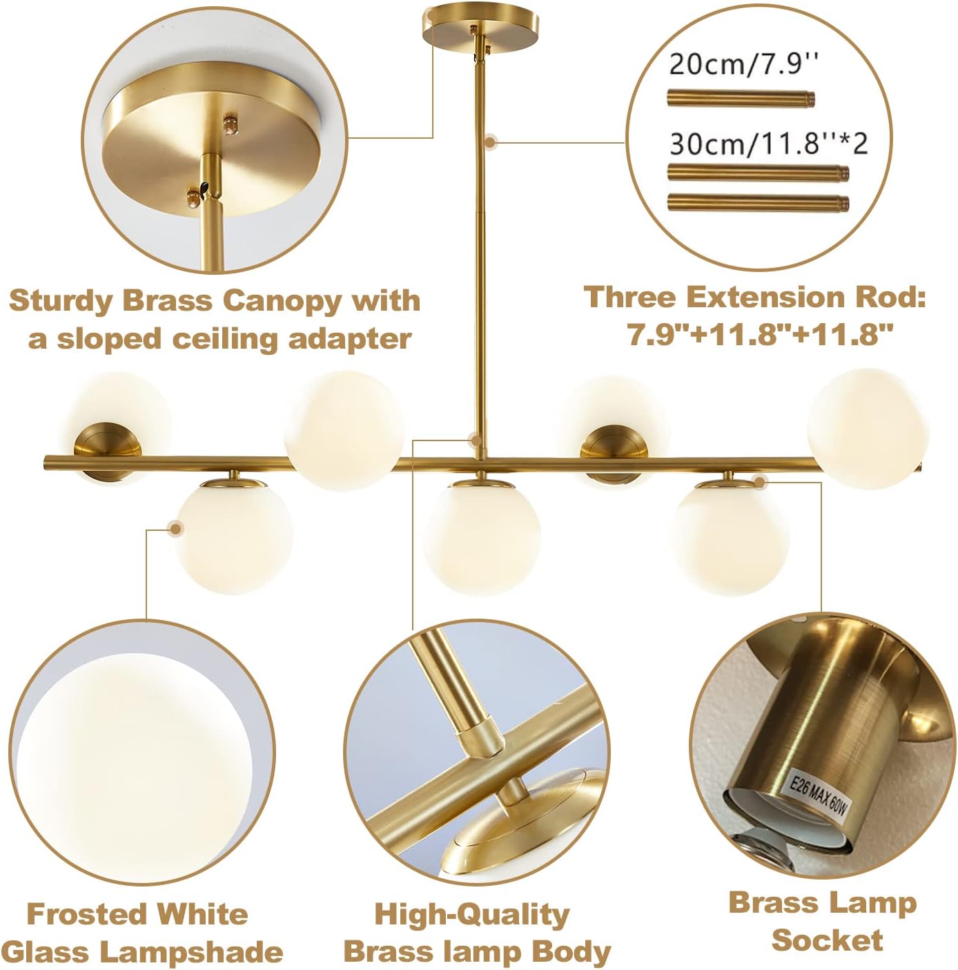 Moderne Esszimmerleuchte von KCO Lighting aus goldfarbenem Metall, Kücheninsel-Pendelleuchte aus weißem Glas, 7-flammig, E27, 80 cm höhenverstellbar