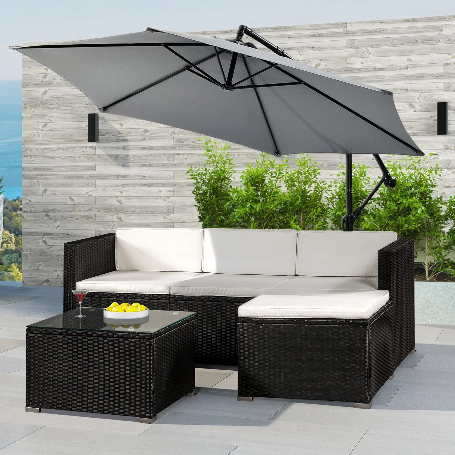 Ensemble de jardin en résine tressée Punta Cana M 2025, noir avec coussins gris