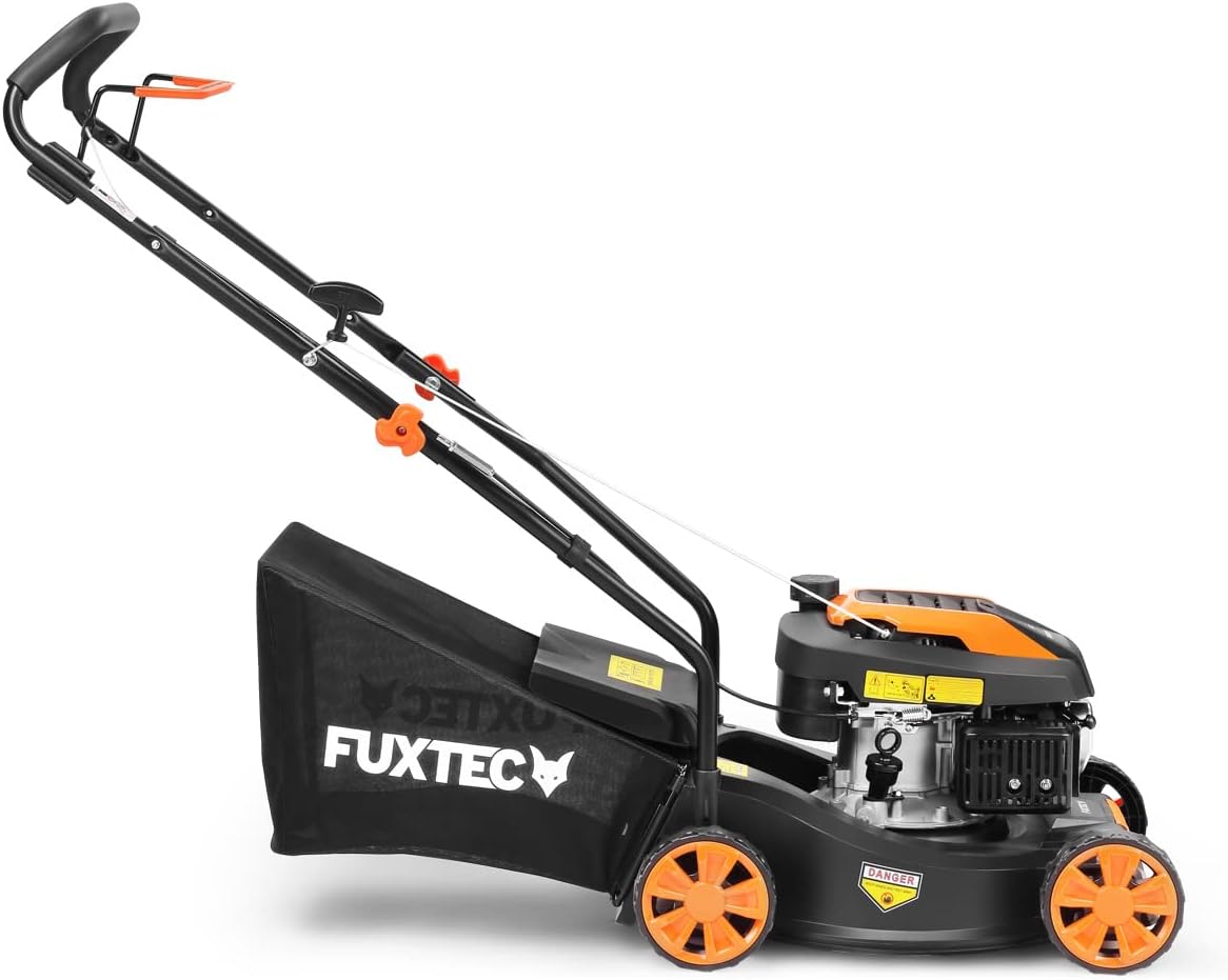 Tondeuse à gazon à essence FUXTEC FX-RM4646ECO, largeur de coupe de 46 cm, puissant moteur à essence de 146 cm³, nettoyage facile, 3 en 1, 2,6 kW, bac de ramassage mulching de 50 l.