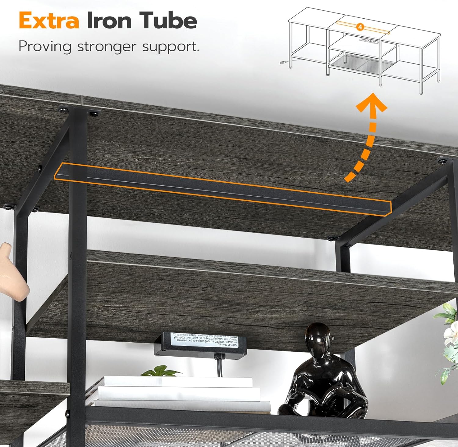 TV-Ständer mit integrierten Steckdosen für Fernseher bis zu 75 Zoll, Konsolentisch mit offenen Regalen, Entertainment-Center im Industrial-Stil für Wohn- oder Schlafzimmer, Rustikales Braun und Schwarz BF60DS01