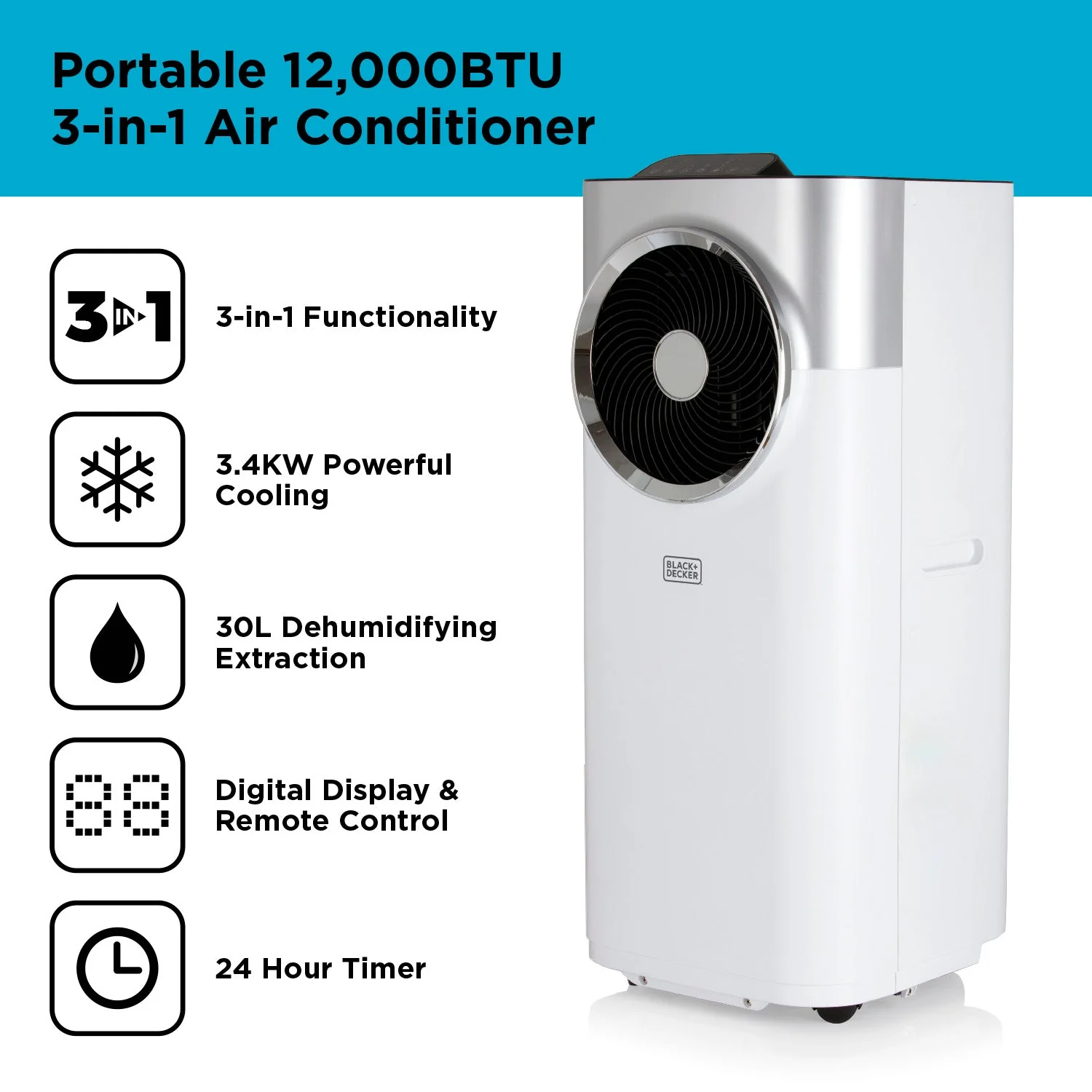 Climatiseur portable 3-en-1 Black+Decker BXAC40008GB 12 000 BTU Blanc