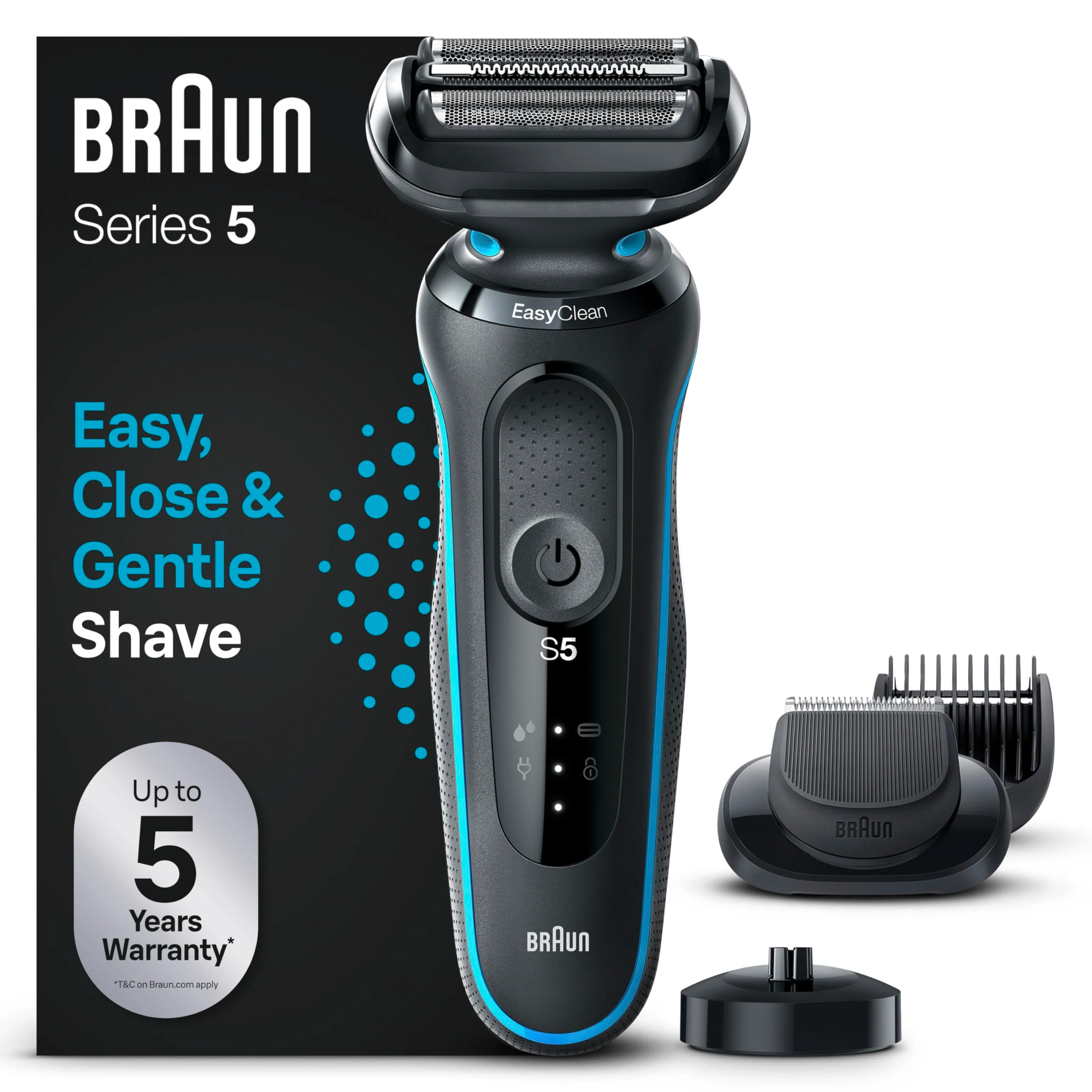 Braun Series 5 elektrisk barbermaskine til mænd. Skægtrimmer med fleksibelt hoved og blade. Inkluderer skægtrimmertilbehør og opladningsbase. Vandtæt og genopladelig. 51-M4500cs. Grå/Blå
