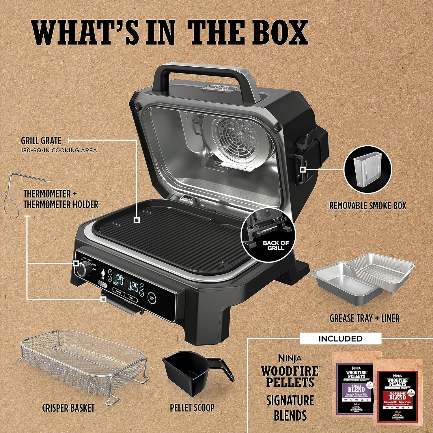 2025 Ninja Woodfire Pro XL udendørs grill og ryger. Termometer. 4-i-1 mastergrill. BBQ-ryger. Udendørs airfryer. Ovn. Bærbar. Elektrisk grill. Mørkegrå. Model OG850