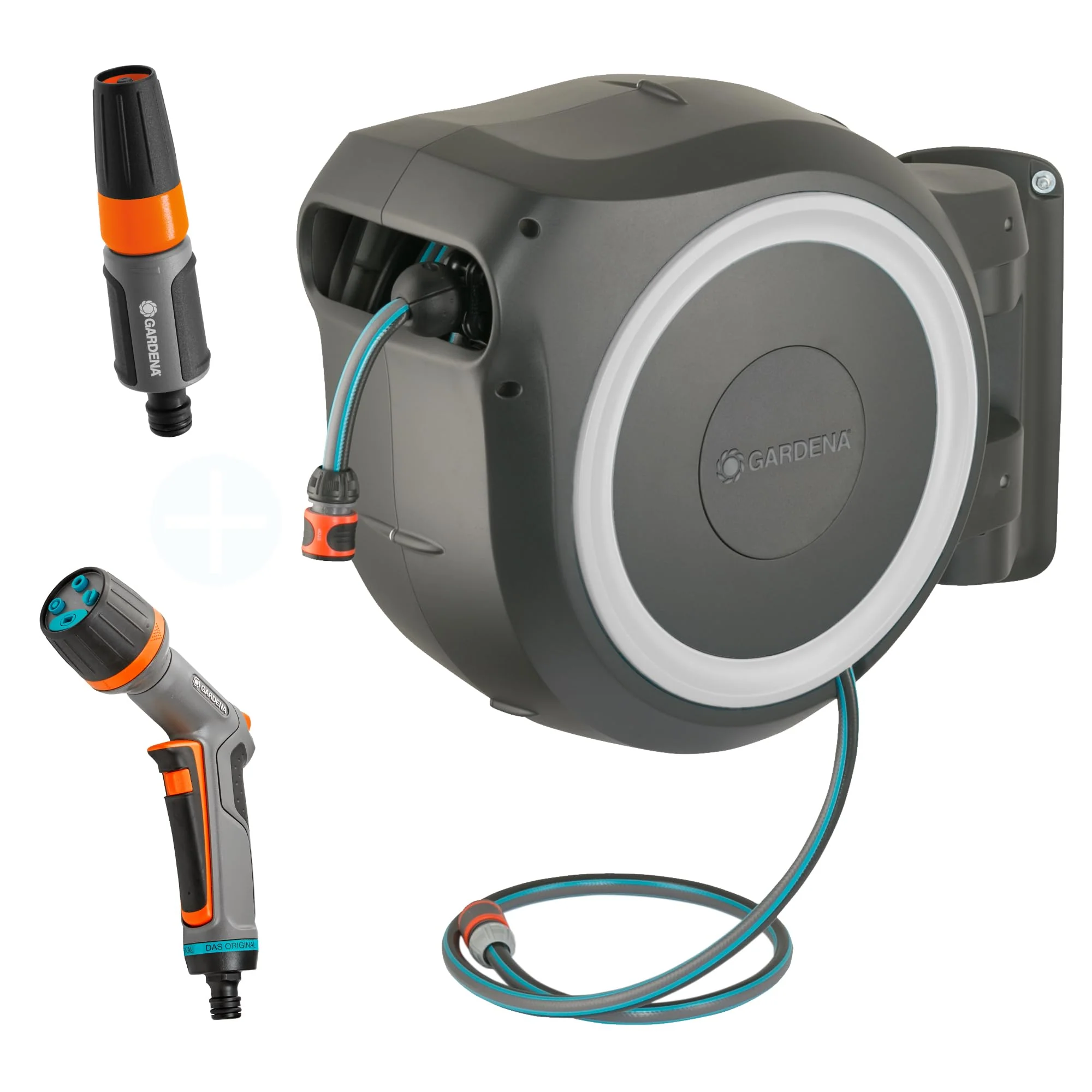 2025 Gardena RollUp L vægmonteret slangeopruller (hvid) 30m med ecoPulse rengøringspistol
