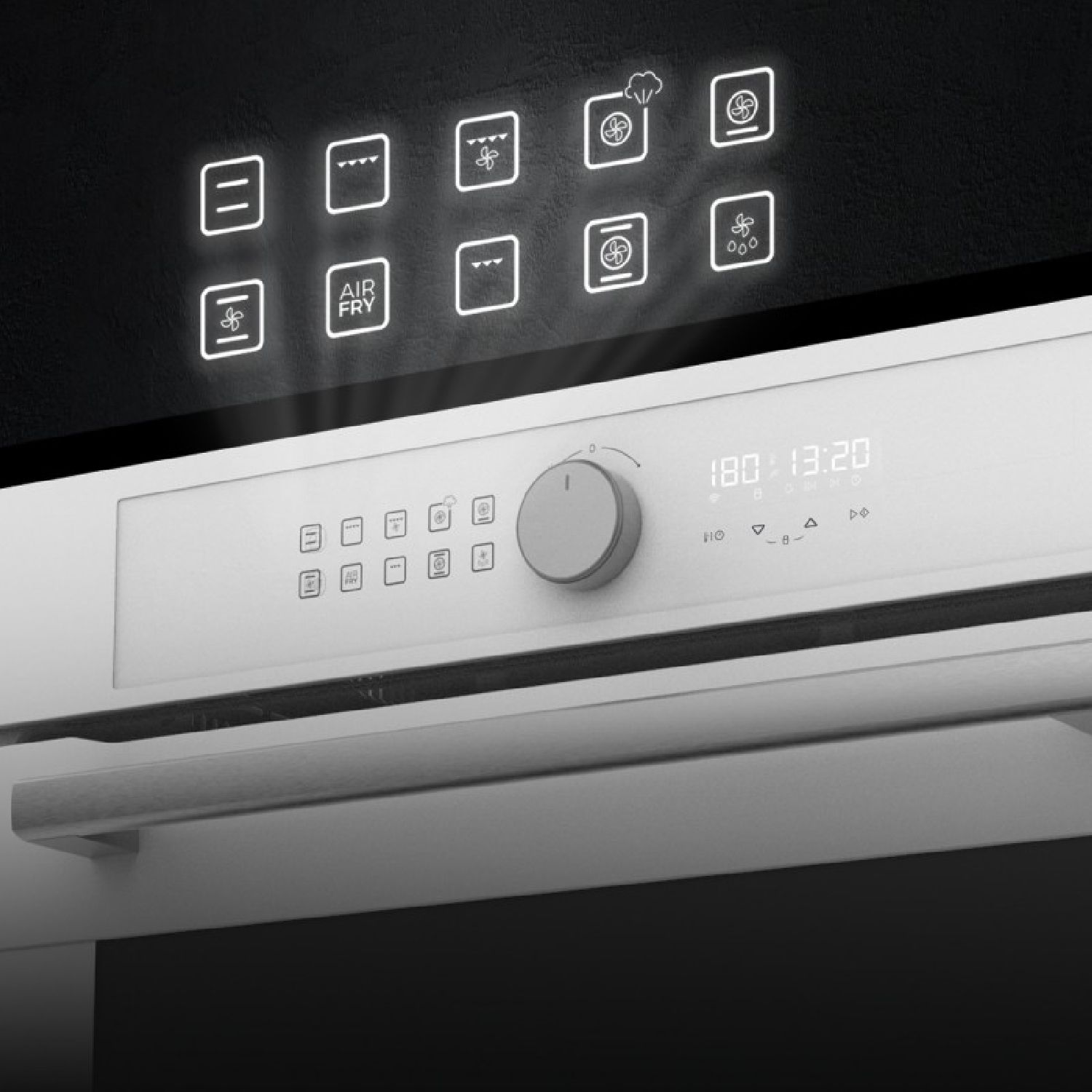 Einbau-Heißluftfritteuse, Glasweiß, 81 l Fassungsvermögen, 11 Funktionen mit Airfryer Master, Pizza Master, Dampfgarer, Dampfgarer E