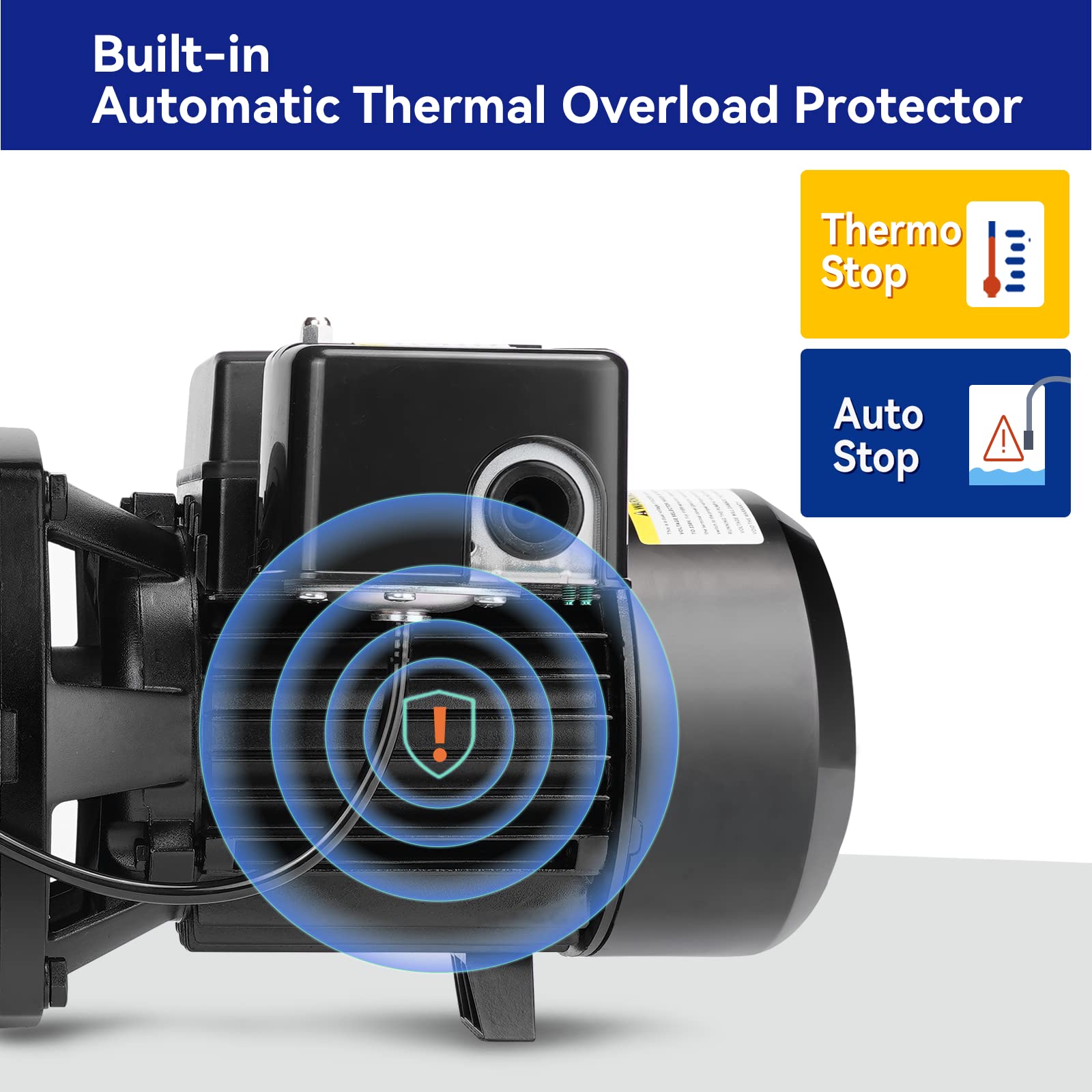 Pompe à jet convertible Acquaer 1 CV pour puits peu profonds/profonds, en fonte avec kit d'éjection, profondeur de puits jusqu'à 7,5 m ou 27 m, double tension 115 V/230 V, pressostat automatique