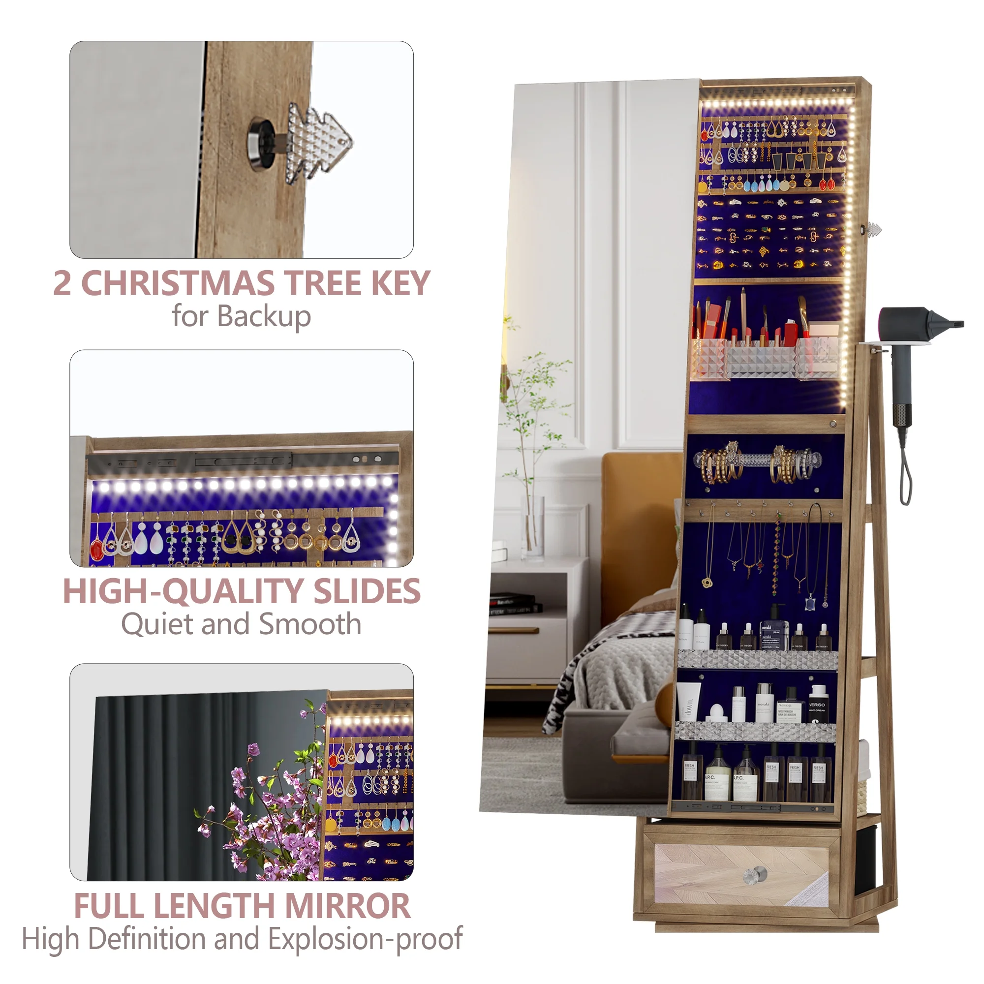 360° roterende smykkeskrin med spejl, LED-lys og lås – brun