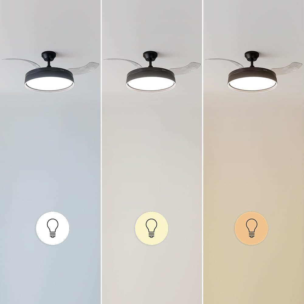 Ventilateur de plafond Cecotec à pales rétractables et lampe invisible EnergySilence Aero 4280 en acier, 40 W, diamètre 42 pouces (106 cm), minuterie, 3 tons lumineux, fonction été-hiver