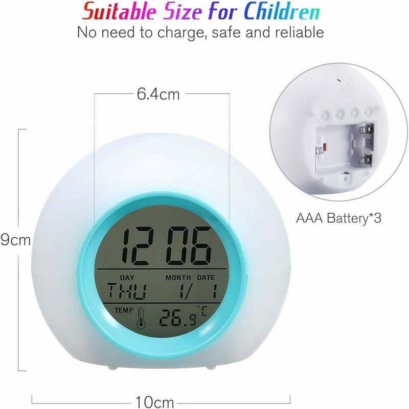 Digitaler Wecker für Kinder, 7 Farben, Kinderwecker mit Lampe, Kalender und Thermometer, kreativer runder Wecker mit LED-Nachtlicht für Kinder und Babys (Farbe)