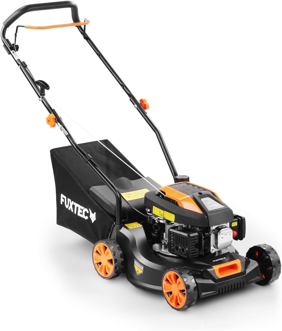 Tondeuse à gazon à essence FUXTEC FX-RM4646ECO, largeur de coupe de 46 cm, puissant moteur à essence de 146 cm³, nettoyage facile, 3 en 1, 2,6 kW, bac de ramassage mulching de 50 l.