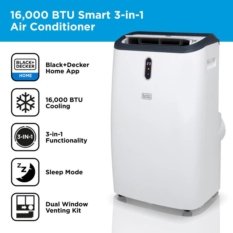 Climatiseur intelligent portable 3 en 1 Black+Decker BXAC40018GB, 16 000 BTU
