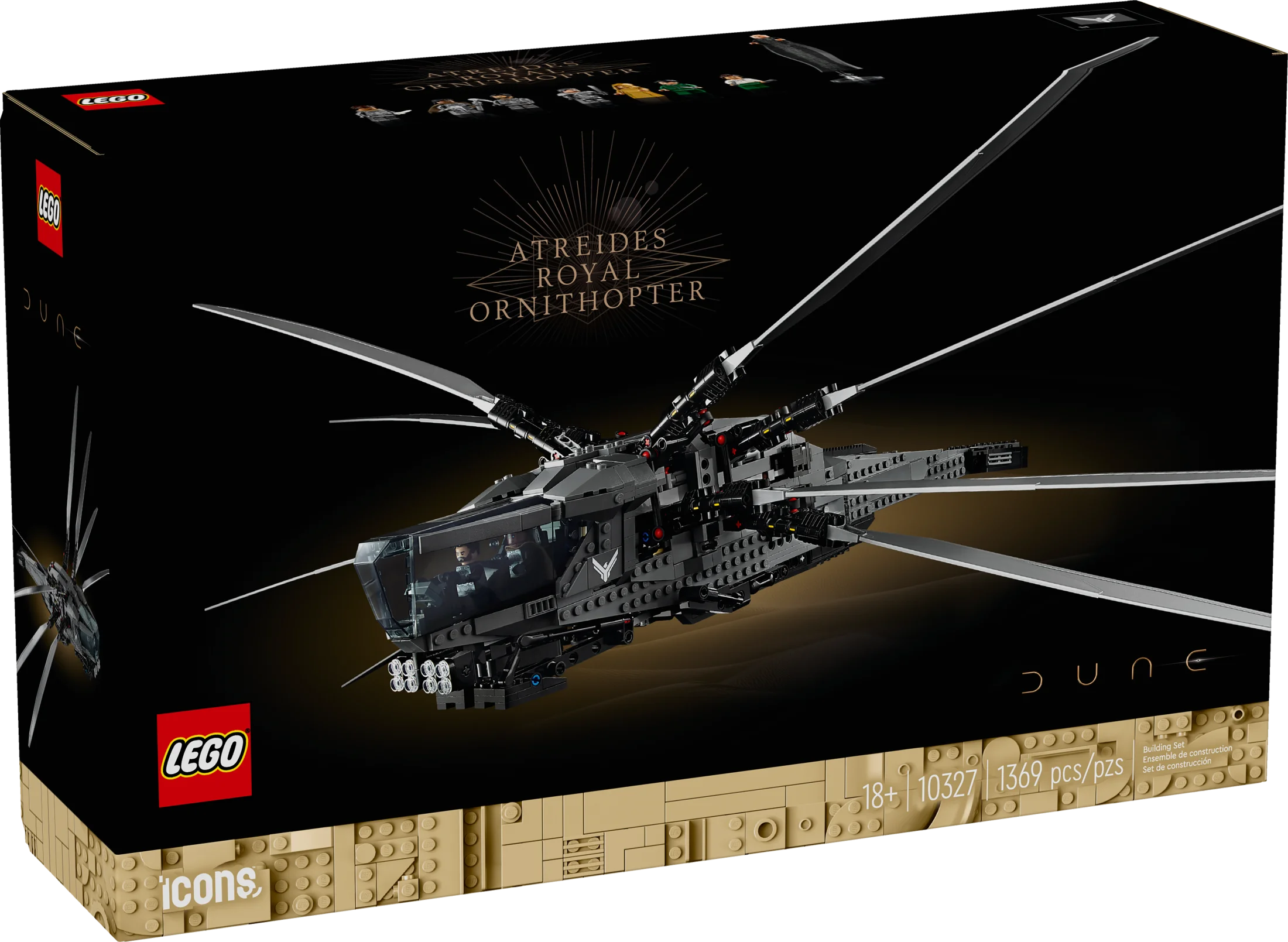LEGO Icons Dune Atreides Royal Ornithopter 10327 – Dune-inspireret samlermodel til at bygge og fremvise, gaveidé til voksne sci-fi-filmfans, med 8 minifigurer inklusive Chani og Baron Harkonnen