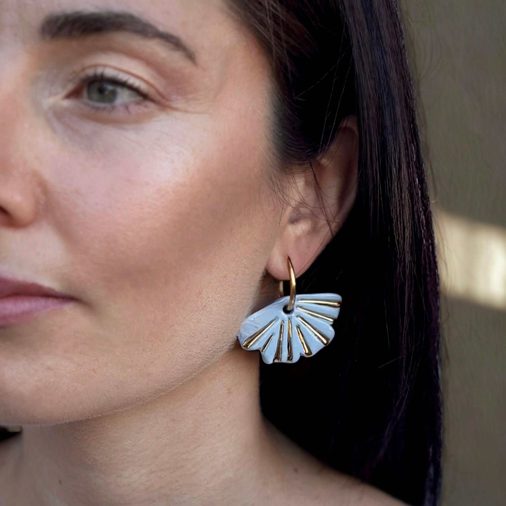 Selene | Handcrafted light blue ceramic dangle earrings with golden details