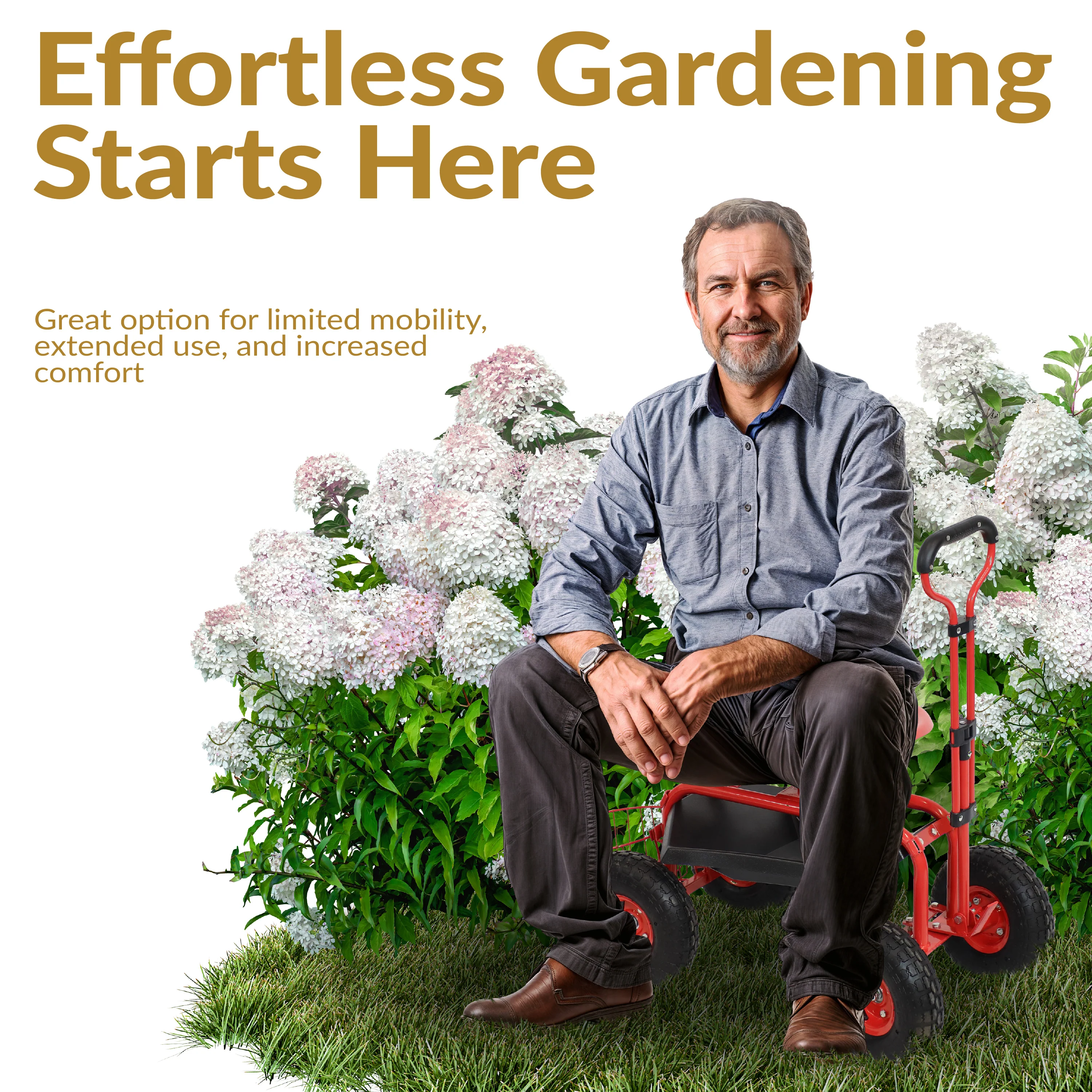 Chariot de jardin roulant Sunnydaze 2025 avec siège pivotant, guidon et panier