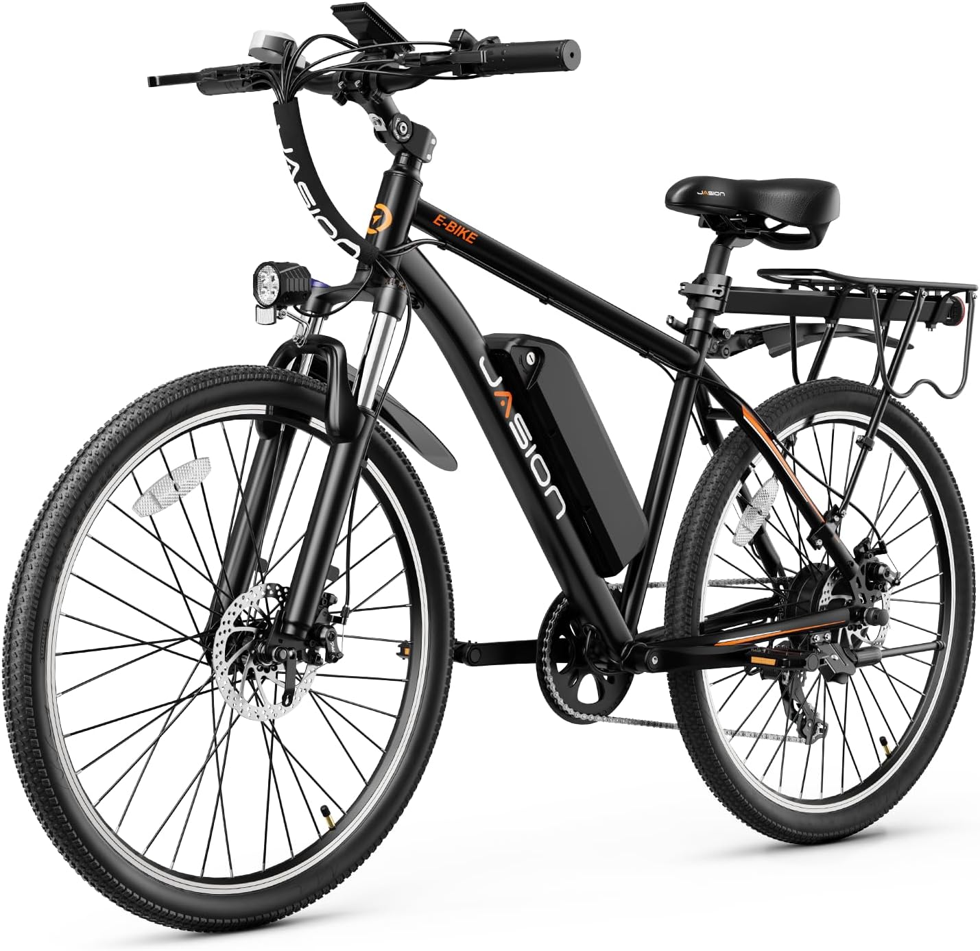 Vélo électrique Jasion EB5 pour adultes avec batterie amovible de 360 ​​Wh, 64 km, 32 km/h, VTT électrique de ville avec moteur de 350 W, 7 vitesses, pneus de 26 pouces et suspension avant.