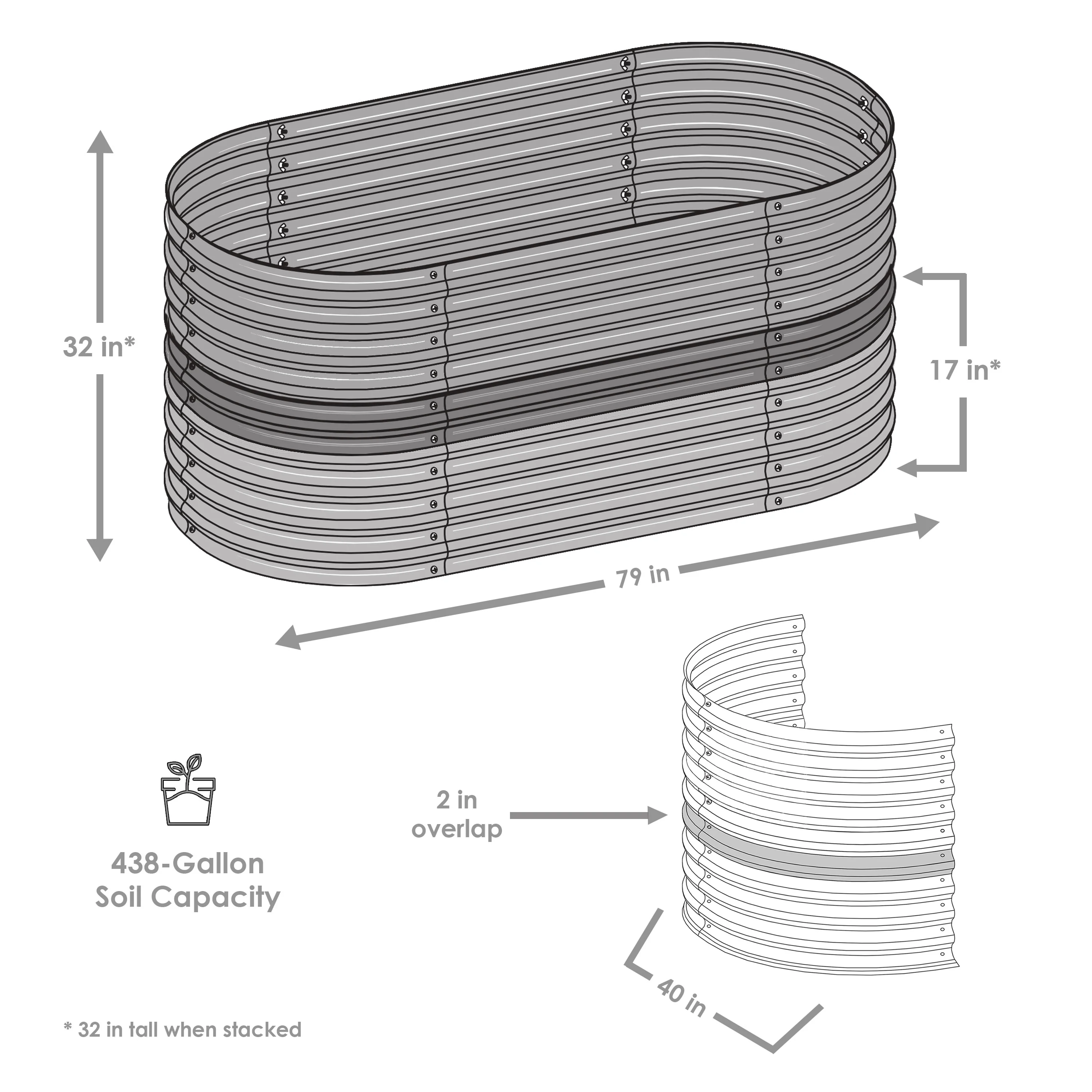 Lit surélevé empilable Sunnydaze en acier galvanisé, forme ovale 200 cm, année 2025