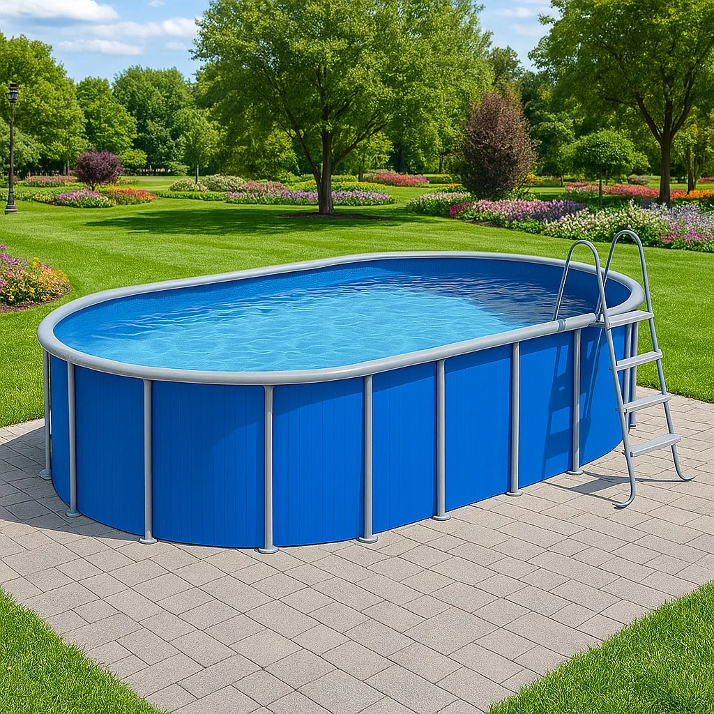 Piscine hors-sol tubulaire ovale avec structure en acier 418 x 243 x 98 cm bleu/gris HCySRmJ131nO