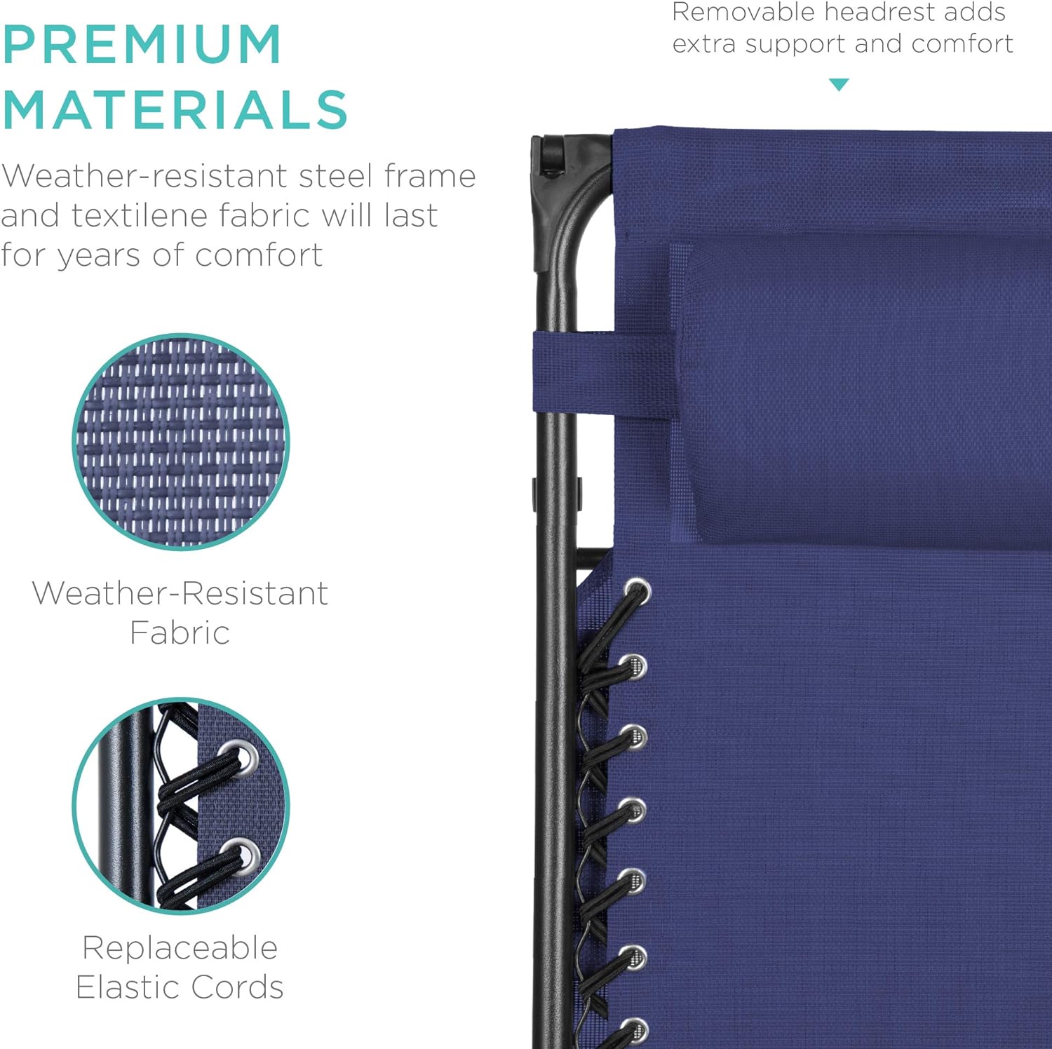 Bedste valg – Zero Gravity-lænestol til terrassen. Justerbar og foldbar udendørsstol med baldakin, nakkepude og sidebakke. Textilene – Påfugleblå