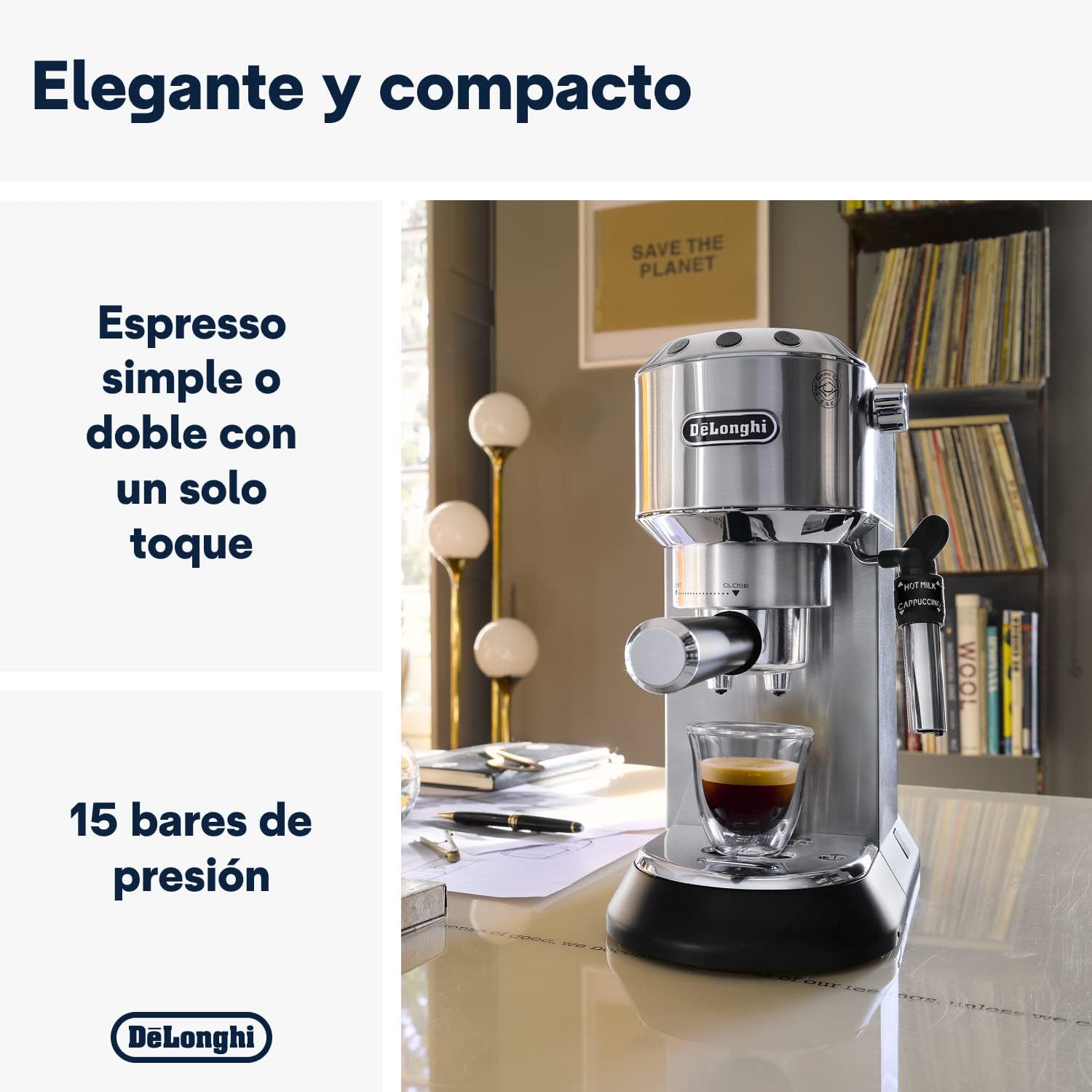 De'Longhi Dedica – Cafetière à pompe en acier inoxydable pour café moulu ou individuel, expresso et cappuccino, réservoir de 1,3 litre, système anti-goutte, modèle EC685.M, couleur métal