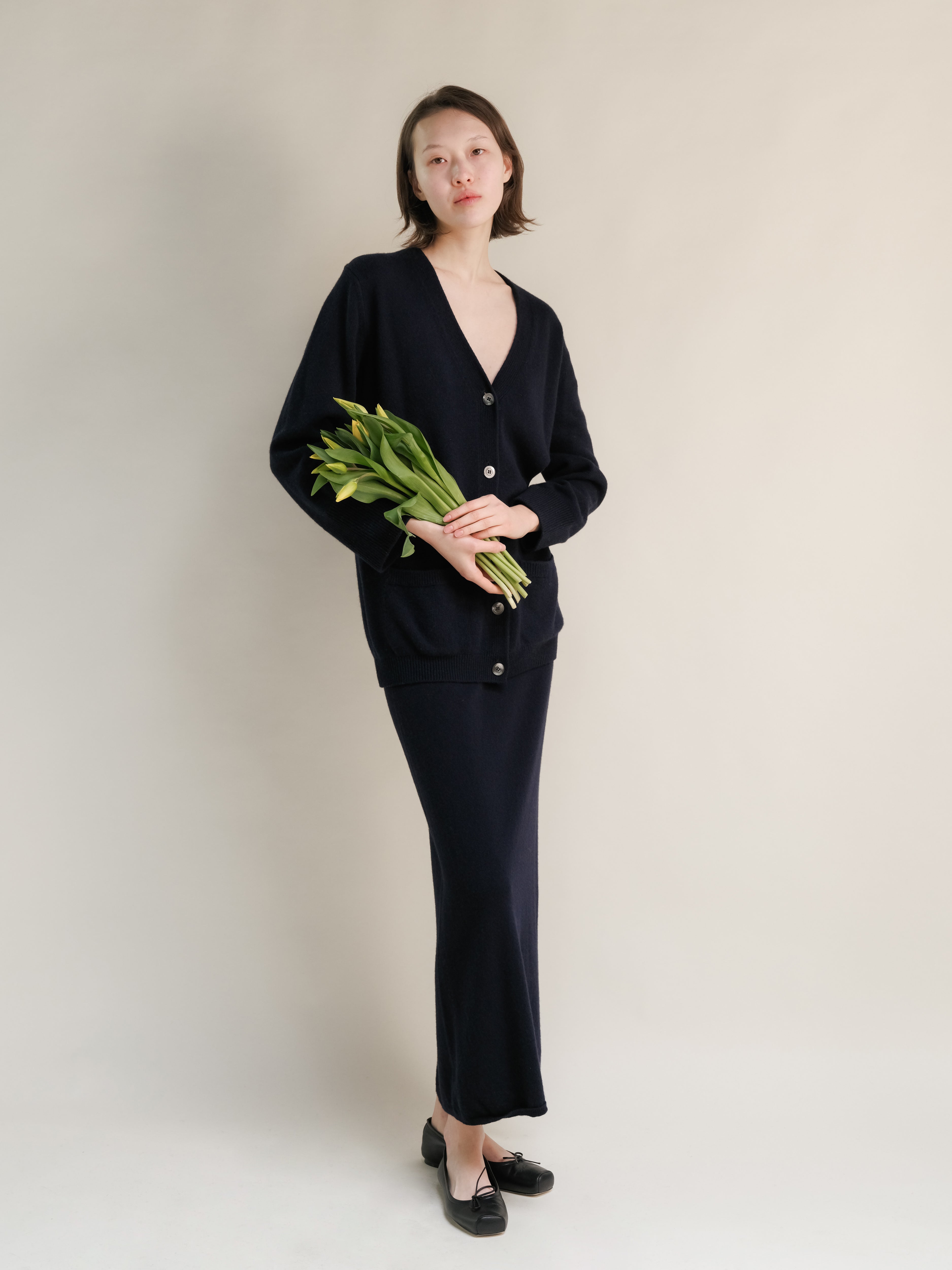 Cashmere Blend High-Waist Long Skirt With Side Slit (3D-Knit)