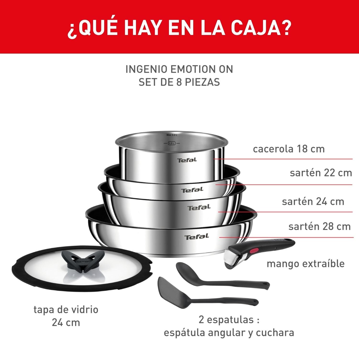 Tefal Ingenio Emotion Sæt med 3 stegepander 22/24/28 cm + 3 kasseroller 16/18/20 cm + gryderet 24 cm + wok 26 cm + 12 tilbehør | Induktionssikker, non-stick, tåler opvaskemaskine og ovn