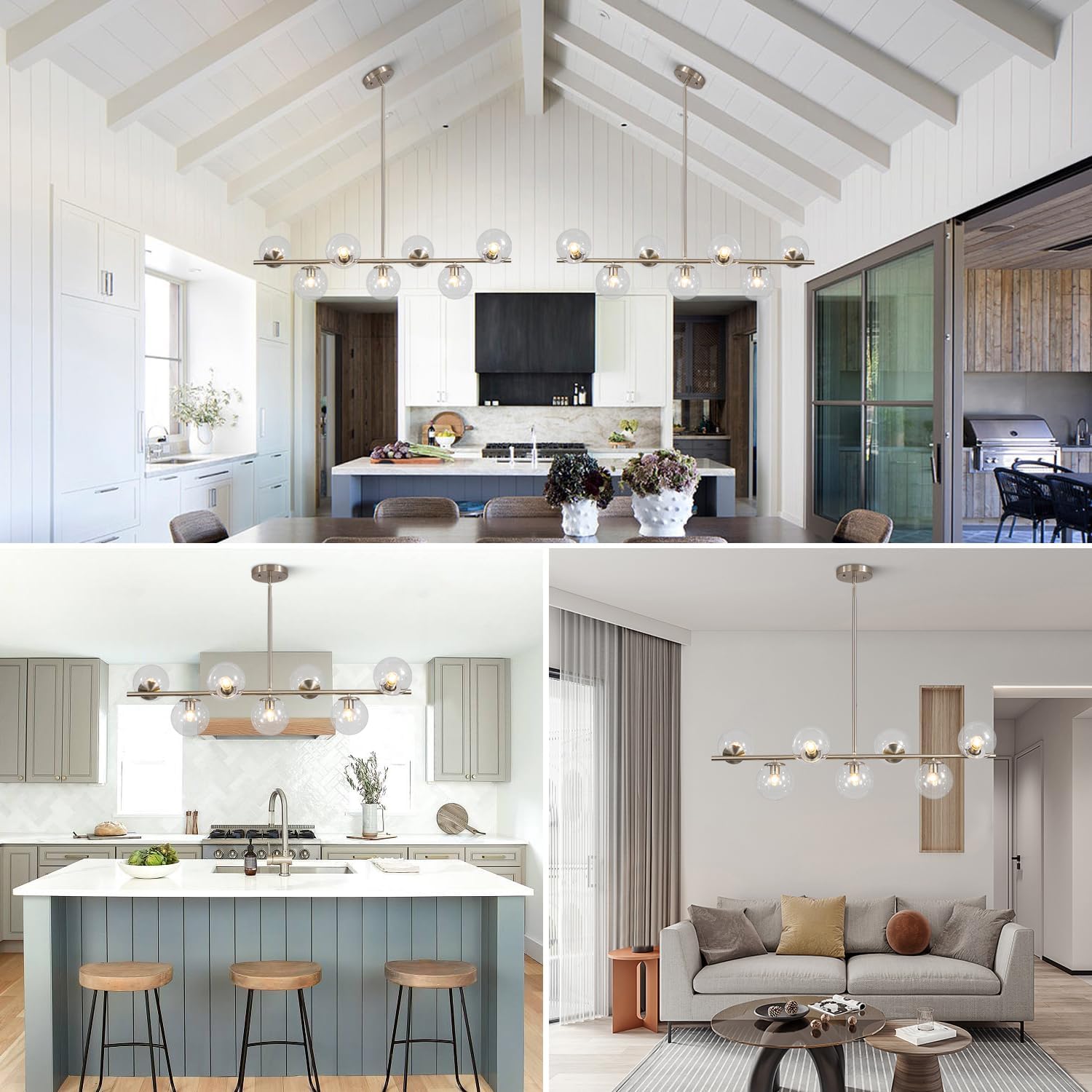 Moderne Esszimmerleuchte von KCO Lighting aus goldfarbenem Metall, Kücheninsel-Pendelleuchte aus weißem Glas, 7-flammig, E27, 80 cm höhenverstellbar