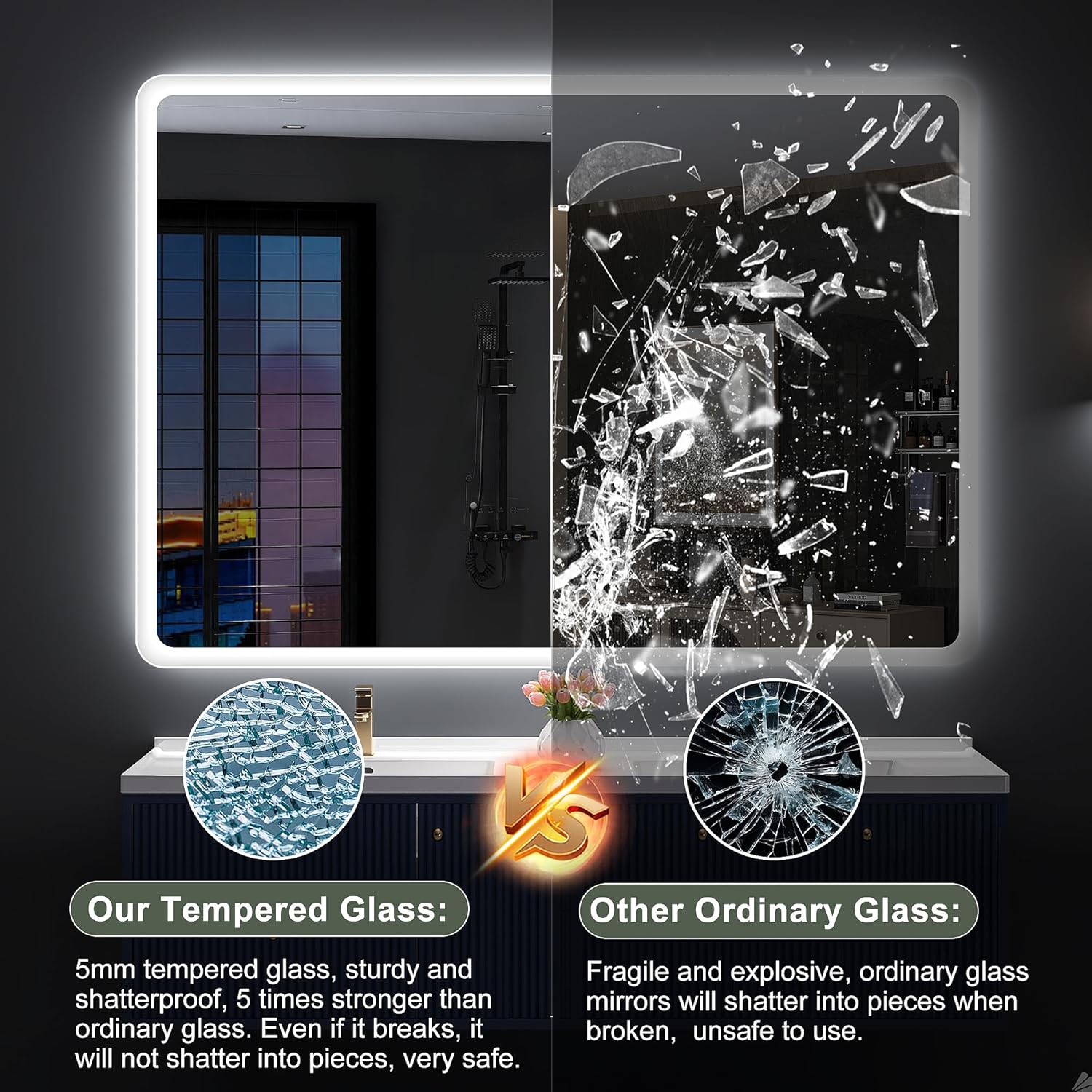 S'bagno badeværelsesspejl med lys 1200x700mm, IP44 - badeværelsesspejl med LED og Bluetooth, antidugfunktion / 3 lysfarver (3000K, 4000K, 6500K) / Dæmpbar / Memory, lodrette eller vandrette badeværelsesspejle med LED