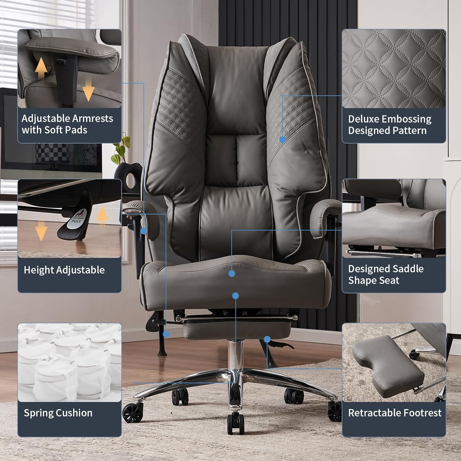 Hoher und breiter Bürostuhl für 181 kg, Chefsessel aus Leder mit hoher Rückenlehne und Fußstütze, ergonomischer Stuhl mit Lendenwirbelstütze zur Linderung von Rückenschmerzen (Beige)