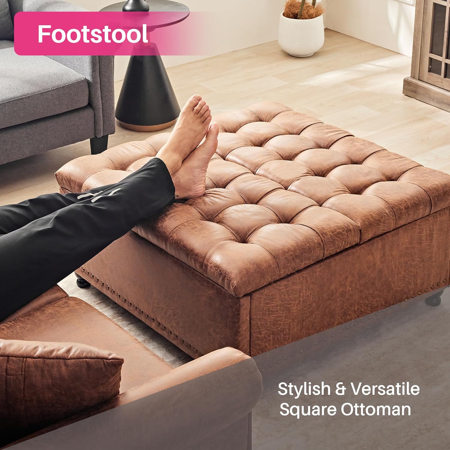 Pouf de rangement Redlife, table basse avec pouf de rangement, grand repose-pieds de salon de 90 cm, pouf rembourré avec rangement pour salon (marron)