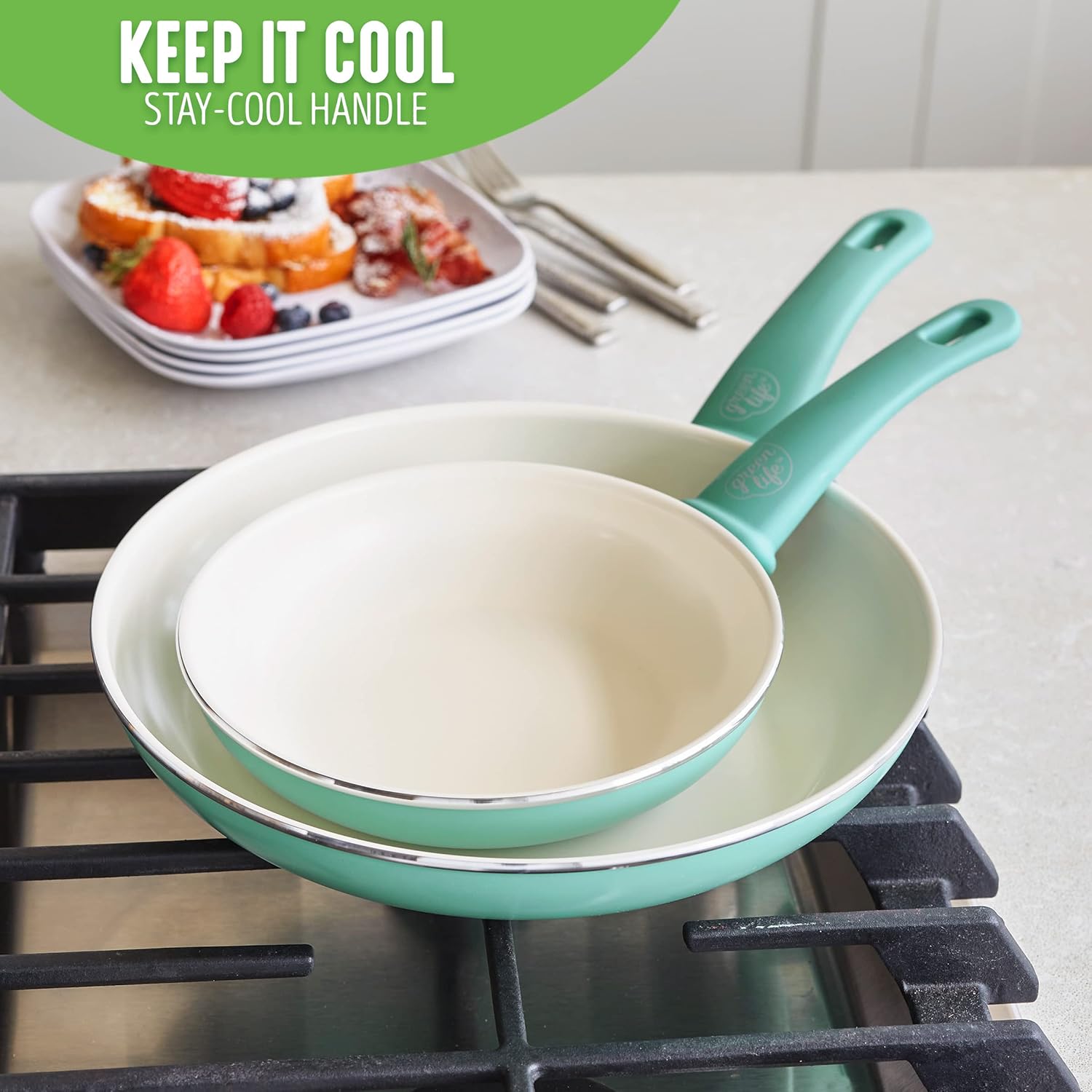 GreenLife Soft Grip 16-teiliges Antihaft-Keramik-Kochgeschirr-Set, bestehend aus Bratpfanne, Stielkasserolle und Topf, PFAS-frei, spülmaschinenfest, ofenfest, türkis