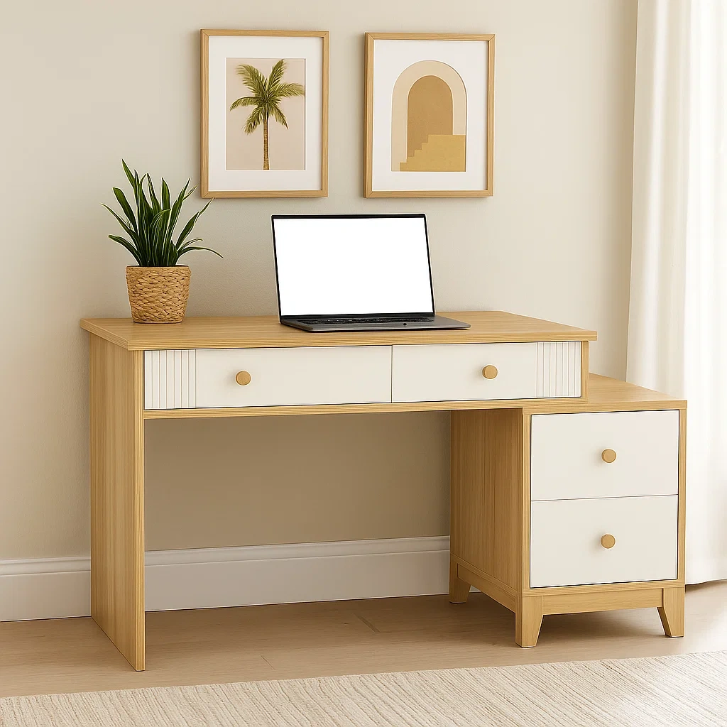 Bureau d'ordinateur en L avec 4 tiroirs, 120 x 110 x 75 cm, chêne clair et blanc - sVMnObv311qJ