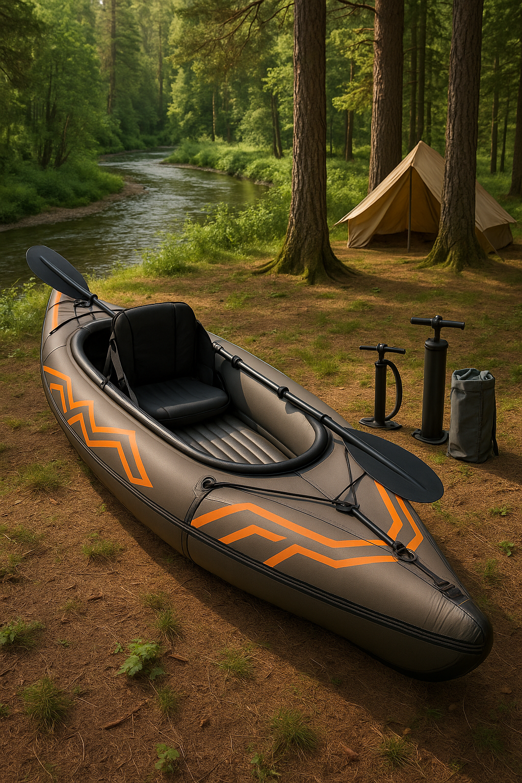Kayak gonflable monoplace en PVC gris/noir/orange, facile à monter, idéal pour les lacs, rivières et forêts. Dimensions : 315 x 88 x 35 cm. Référence : PpwQlRe498mT